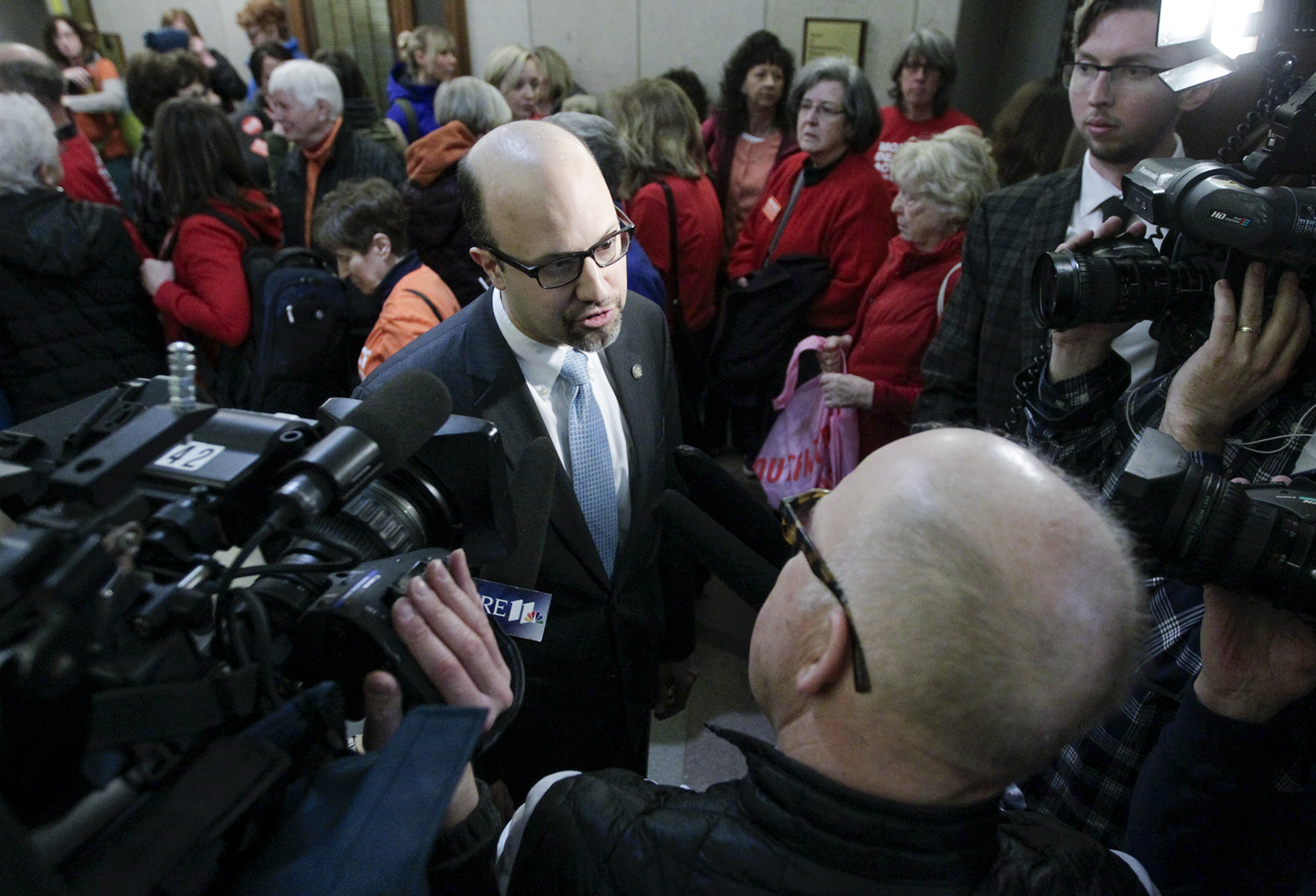 Rep. Dave Pinto speaks with the media March 20 after the House Public Safety and Security Policy and Finance Committee refused to remove two gun-related bills from the table for debate. Photo by Paul Battaglia