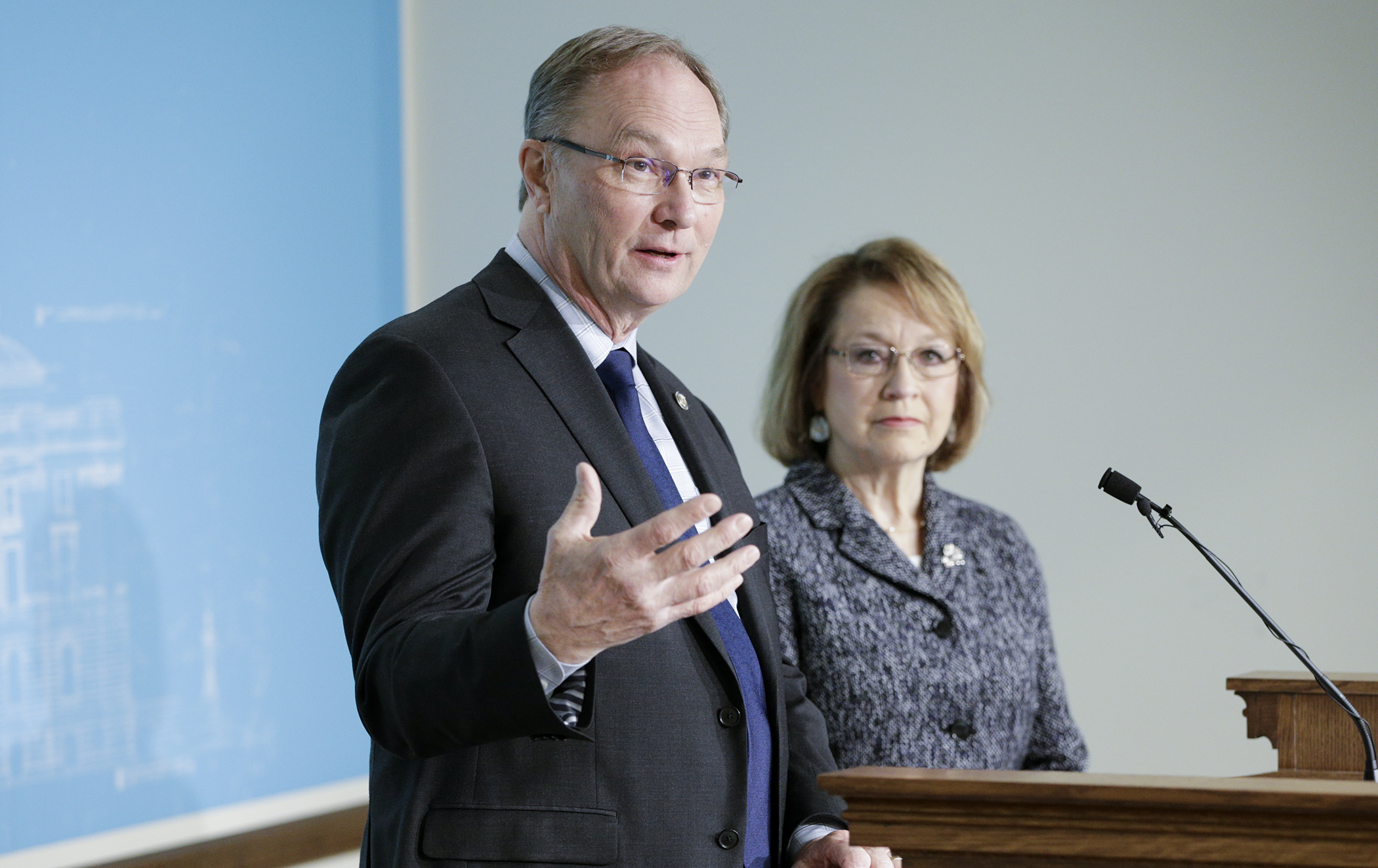 House Transportation Finance Committee Chair Rep. Paul Torkelson and House Transportation and Regional Governance Policy Committee Chair Rep. Linda Runbeck outline the Republican transportation funding package at a March 21 press conference. Photo by Paul Battaglia