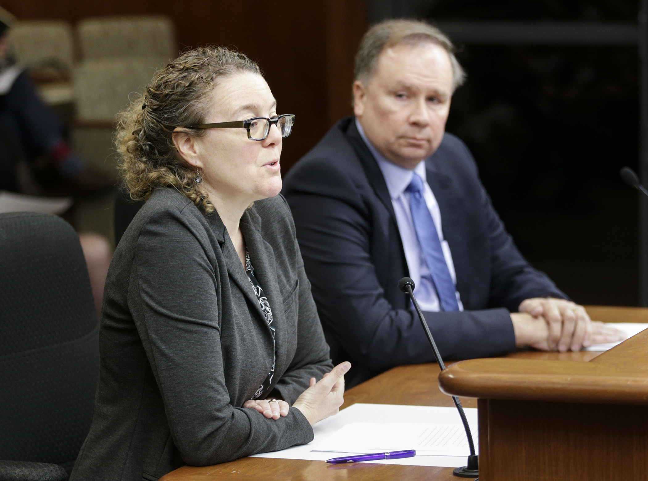Caroline Palmer, of the Minnesota Coalition Against Sexual Assault, testifies March 21 before the House Public Safety and Security Policy and Finance Committee on HF3436, sponsored by Rep. Jim Knoblach, right. Photo by Paul Battaglia