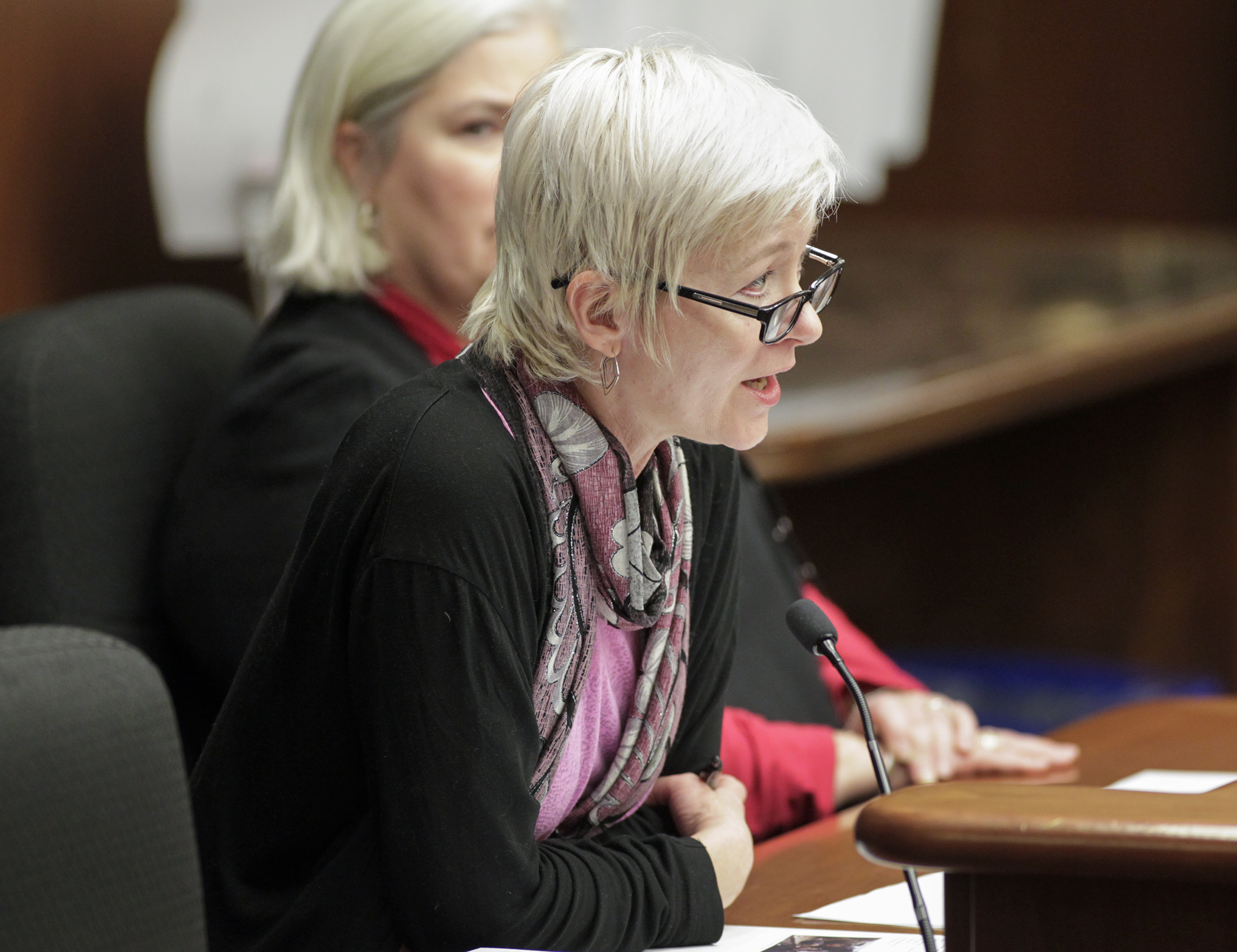 Melodie Bahan, executive director of Minnesota Film and Television, testifies for HF2508, which would provide a 25 percent refundable tax credit to film productions in Minnesota. Rep. Kelly Fenton, right, is the sponsor. Photo by Paul Battaglia