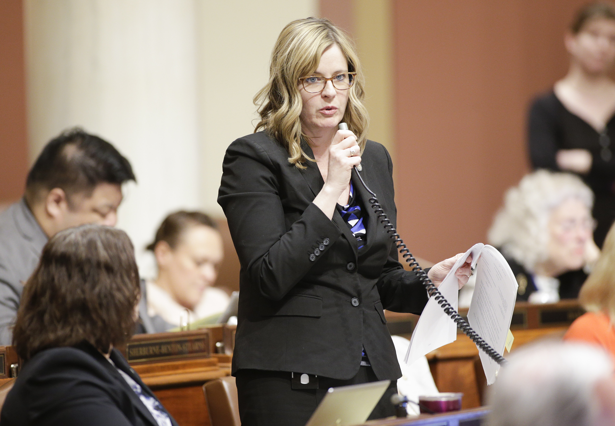 Rep. Kelly Moller makes closing comments during floor debate March 21 on HF10, legislation proposing to amend the definition of sexual harassment. The bill was passed 113-10. Photo by Paul Battaglia