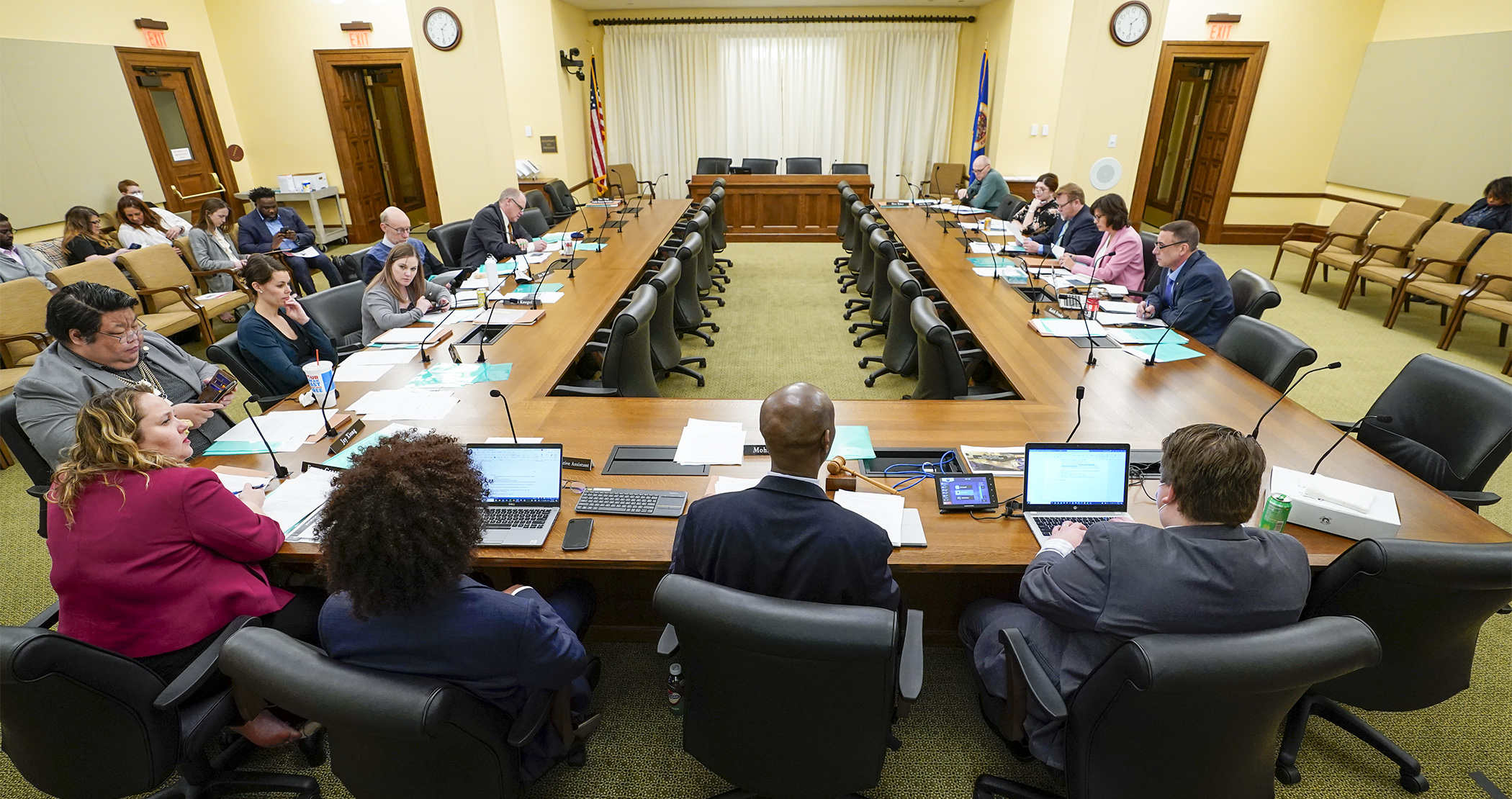 Rep. Mohamud Noor chairs the first hybrid meeting of the House Workforce and Business Development Finance and Policy Committee March 21. (Photo by Paul Battaglia)