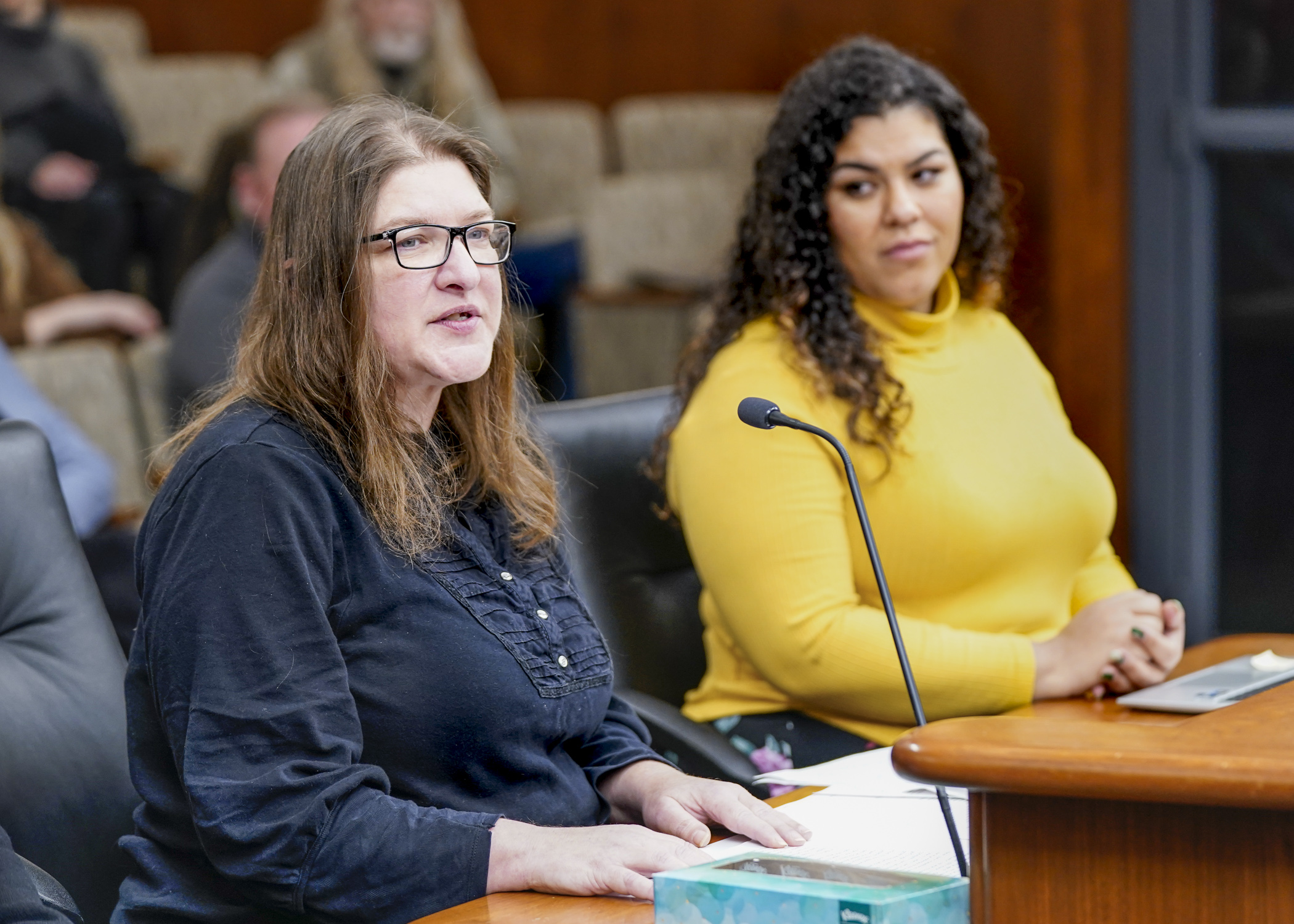 Formerly housing insecure, Valerie Roy testifies Tuesday before the House Labor and Industry Finance and Policy Committee about the need for HF1872 that would authorize micro-unit dwellings on religious properties. (Photo by Catherine Davis)