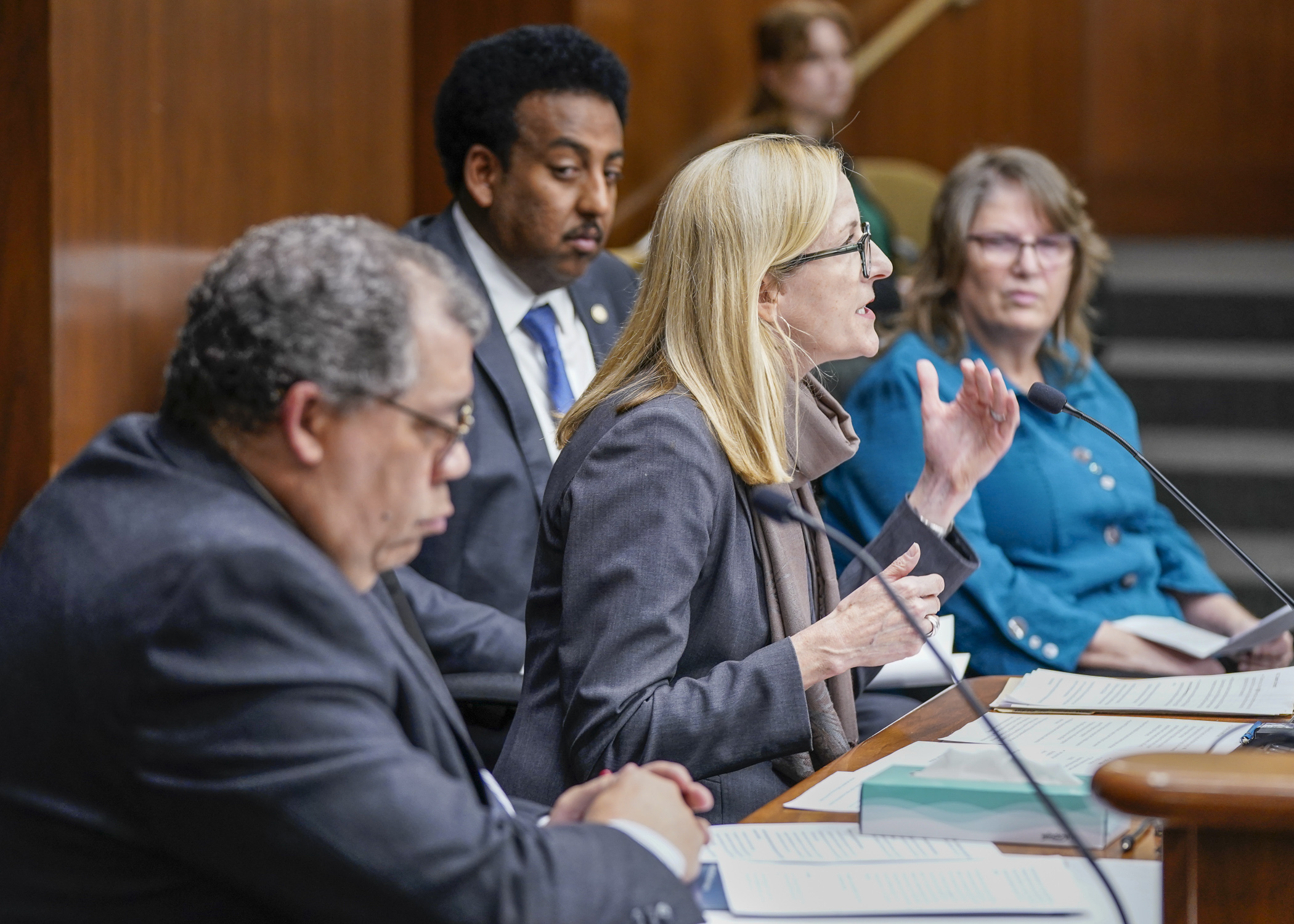 Deidre Schmidt, president and CEO of CommonBond Communities, tells the House Housing Finance and Policy Committee March 21 why she supports HF2632 that’d establish a relief program for stable housing organizations. (Photo by Catherine Davis)