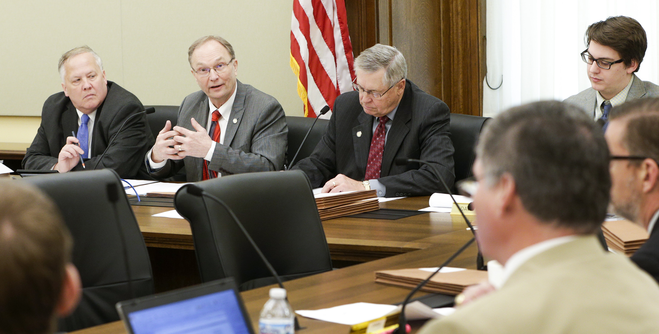 Rep. Paul Torkelson comments on his amendment during the conference committee on SF3133, the Minnesota licensing and registration system, or MNLARS, funding bill March 22. Photo by Paul Battaglia