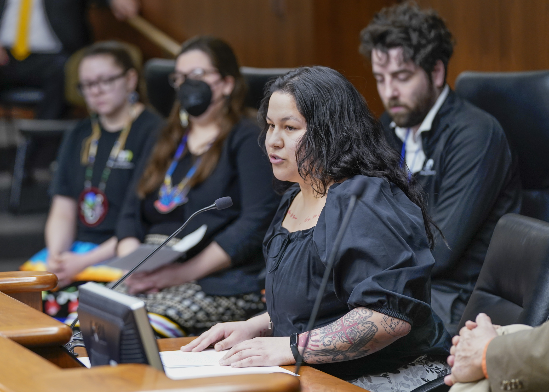 Ariella Leith, home-based teacher at Lower Sioux Early Head Start, testifies before the House Legacy Committee March 22 about the need to continue funding Native language programs. (Photo by Catherine Davis) 
