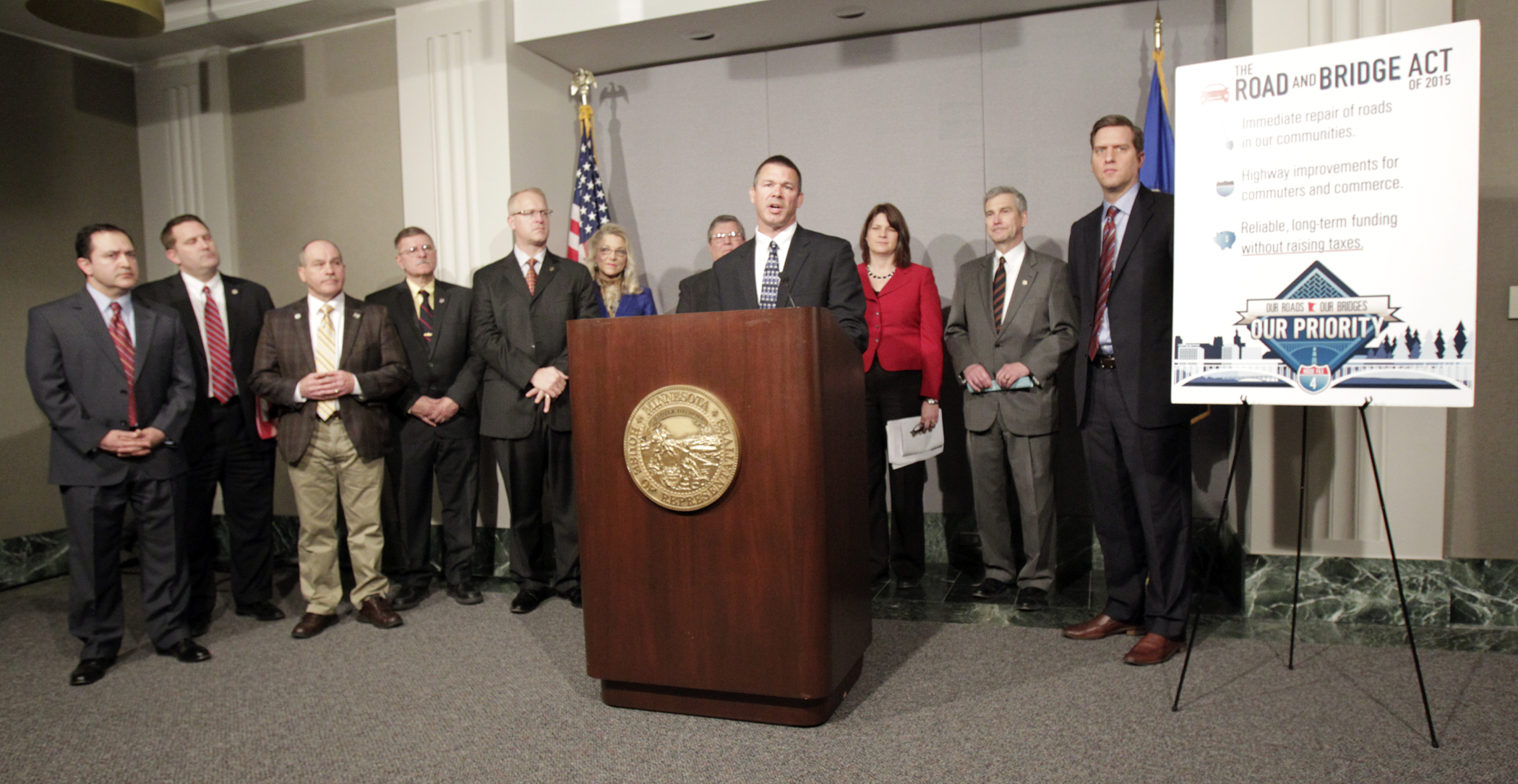 House Transportation Policy and Finance Committee Chair Tim Kelly answers questions about the House Republican 10-year, $7 billion transportation funding plan at a March 23 news conference. Photo by Paul Battaglia