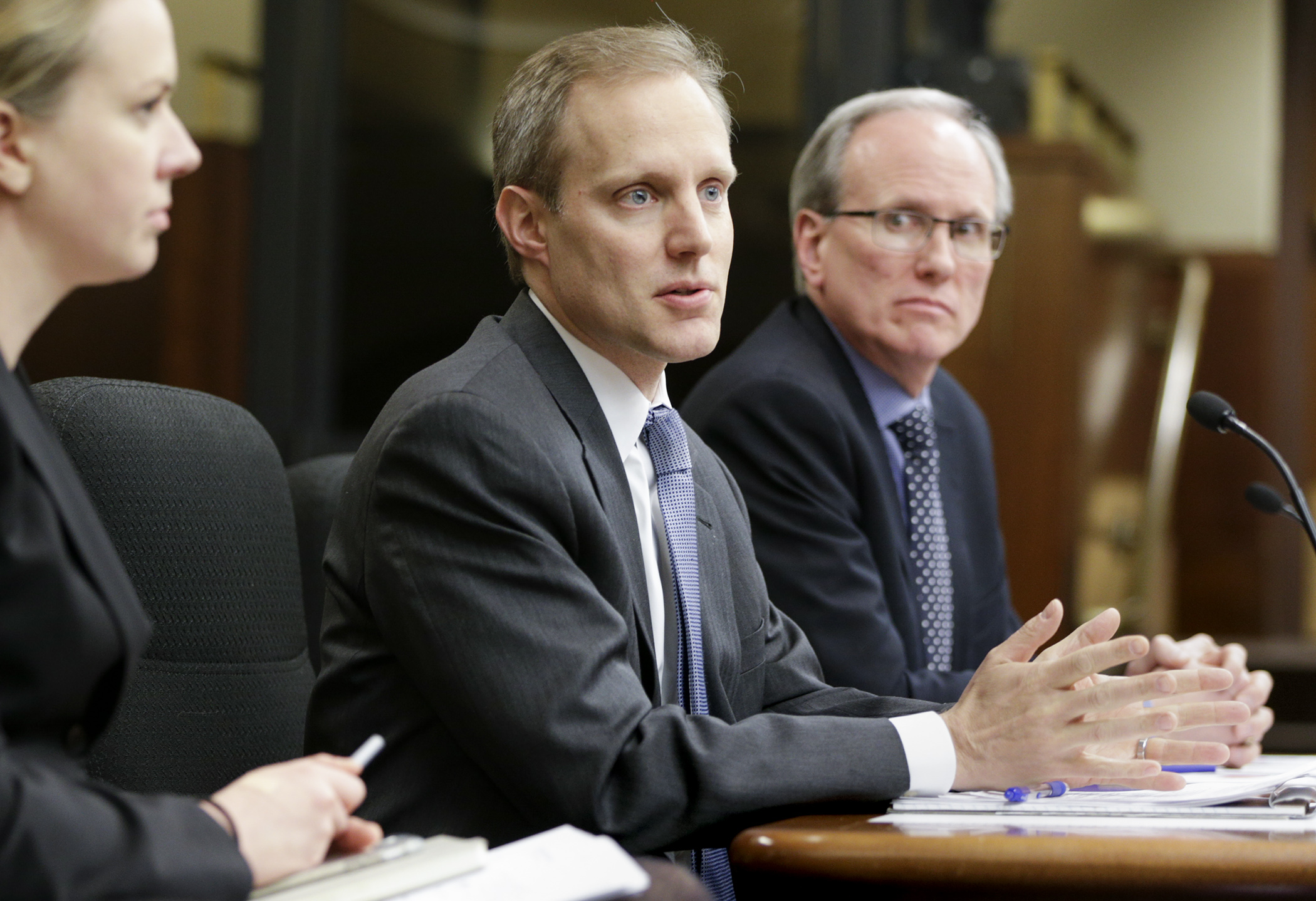 Secretary of State Steve Simon testifies in favor of HF1697 sponsored by Rep. Tim O’Driscoll, right, which would provide funding for a grant program to allow local units of government to purchase voting equipment. Photo by Paul Battaglia