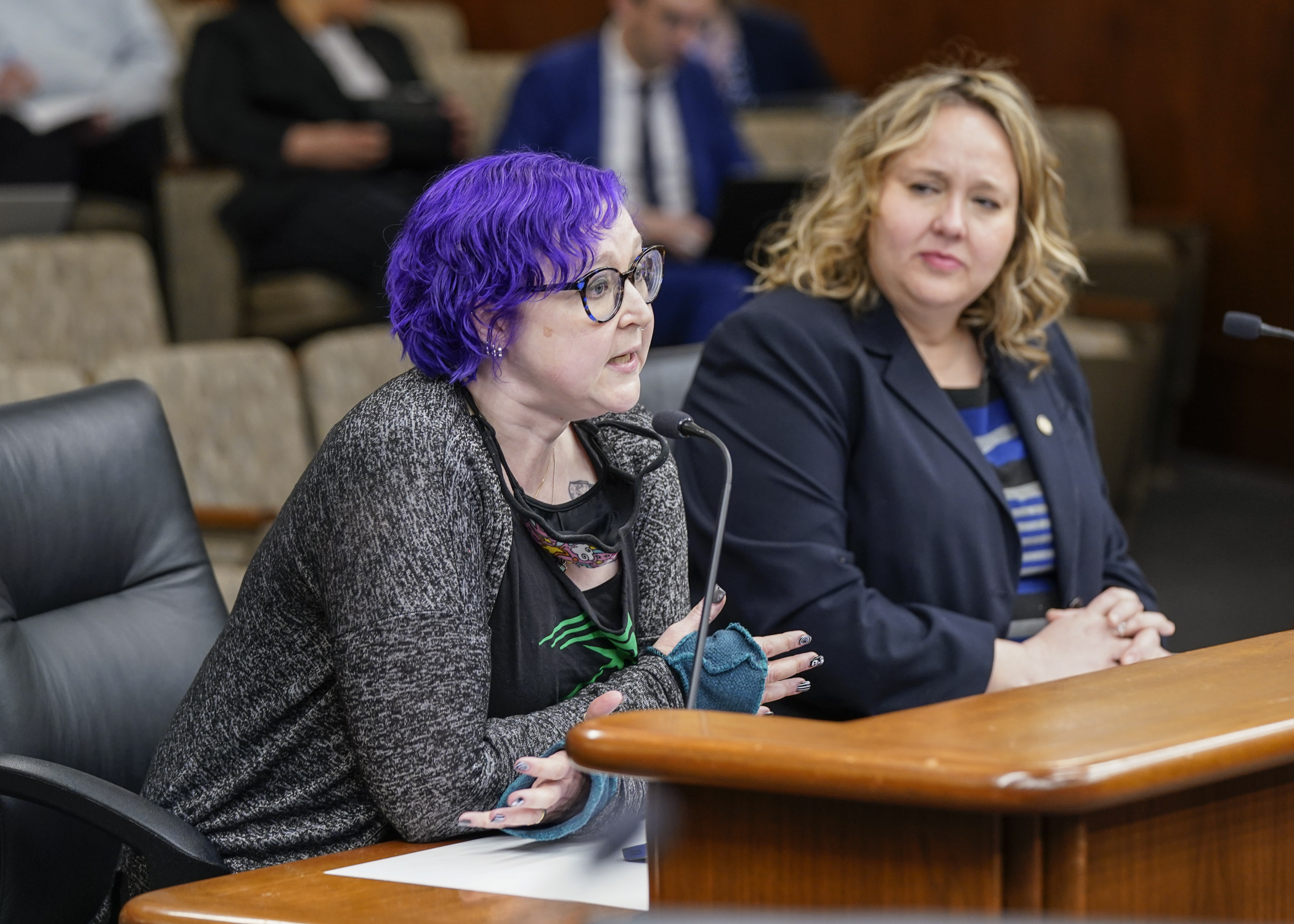 Union representative Jessica Shimek testifies before the House's higher education committee March 23 in support of HF20, a bill to extend unemployment benefits to part-time staff at state colleges and universities. (Photo by Catherine Davis)
