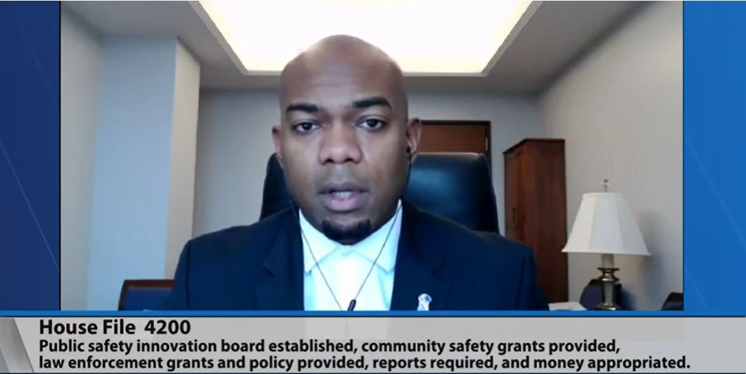 Rep. Cedrick Frazier introduces his bill, HF4200, that proposes to spend $151 million on public safety programs focusing on partnering Minnesota police agencies with community-based crime-fighting groups. (Screenshot)