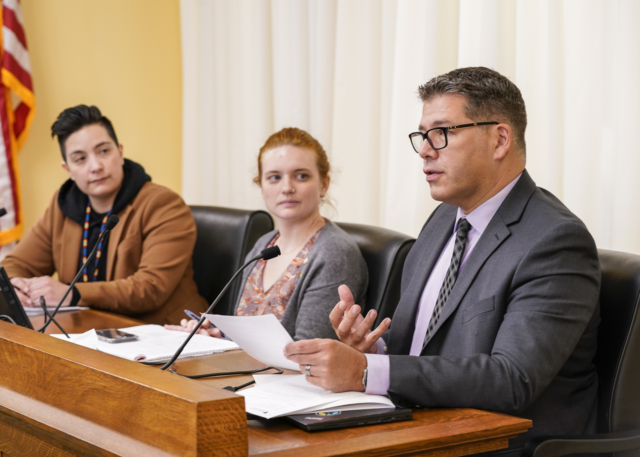 Duluth Superintendent John Magas testifies Friday before House lawmakers in support of HF2925, which would help schools expand the availability of gender-neutral, single-user restroom and locker room facilities. (Photo by Catherine Davis)