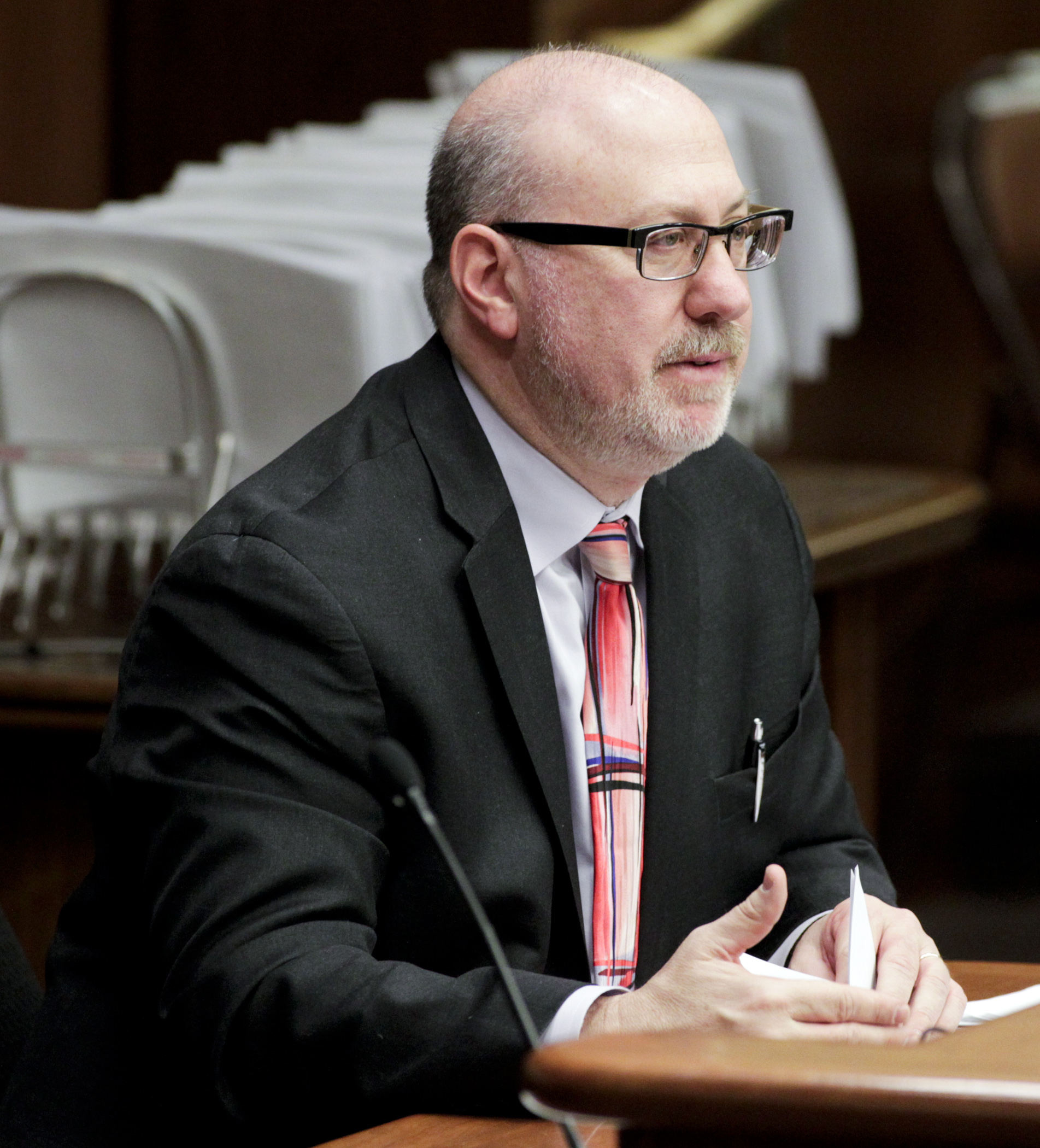 Rep. Frank Hornstein, chair of the House Transportation Finance Committee, explains provisions of the omnibus transportation finance bill March 26. Photo by Paul Battaglia