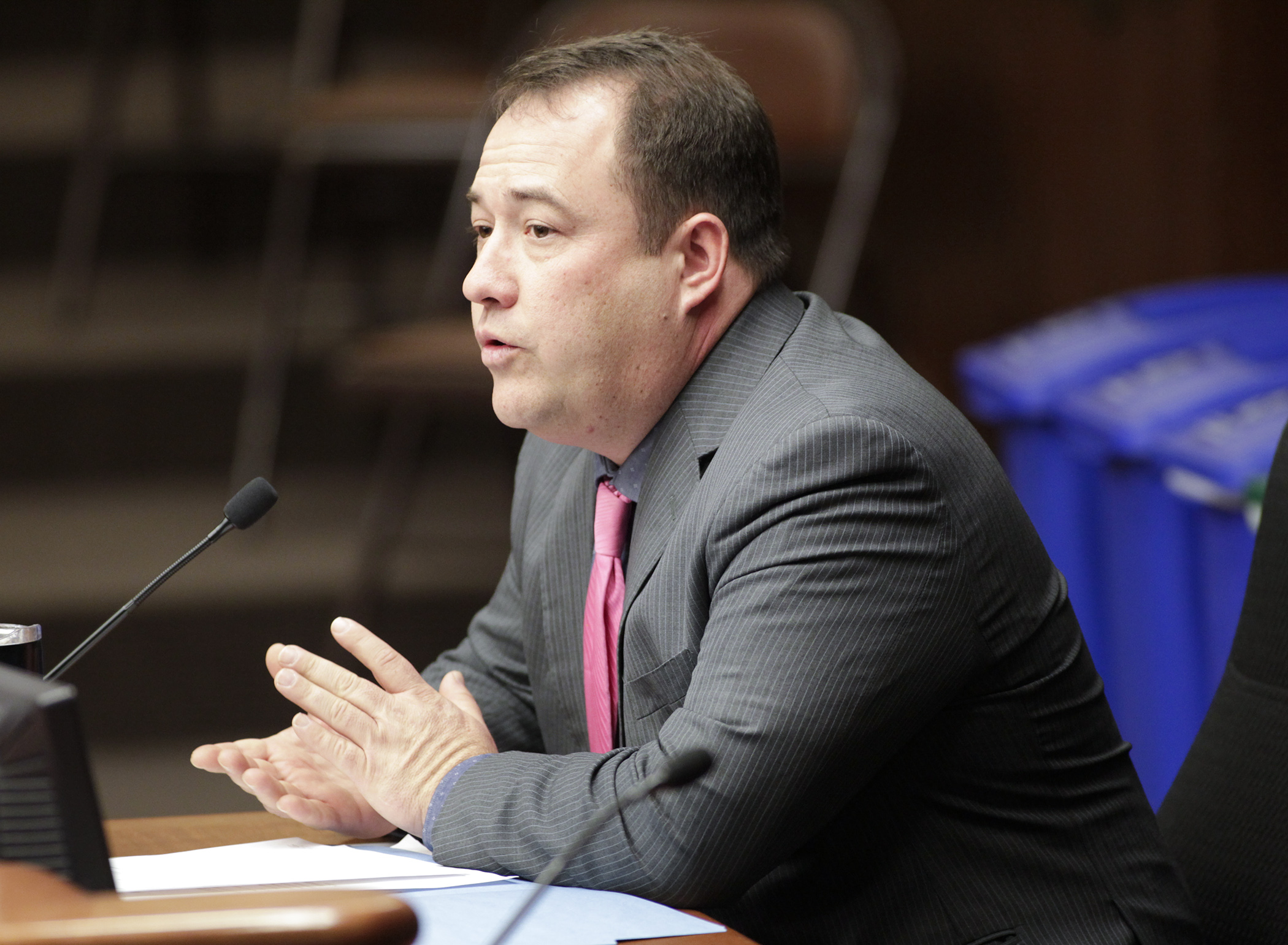 Rep. Chris Swedzinski describes a bill he sponsors, HF3918, which would provide a sales tax exemption for the purchase of a gun safe, to the House Taxes Committee March 27. Photo by Paul Battaglia