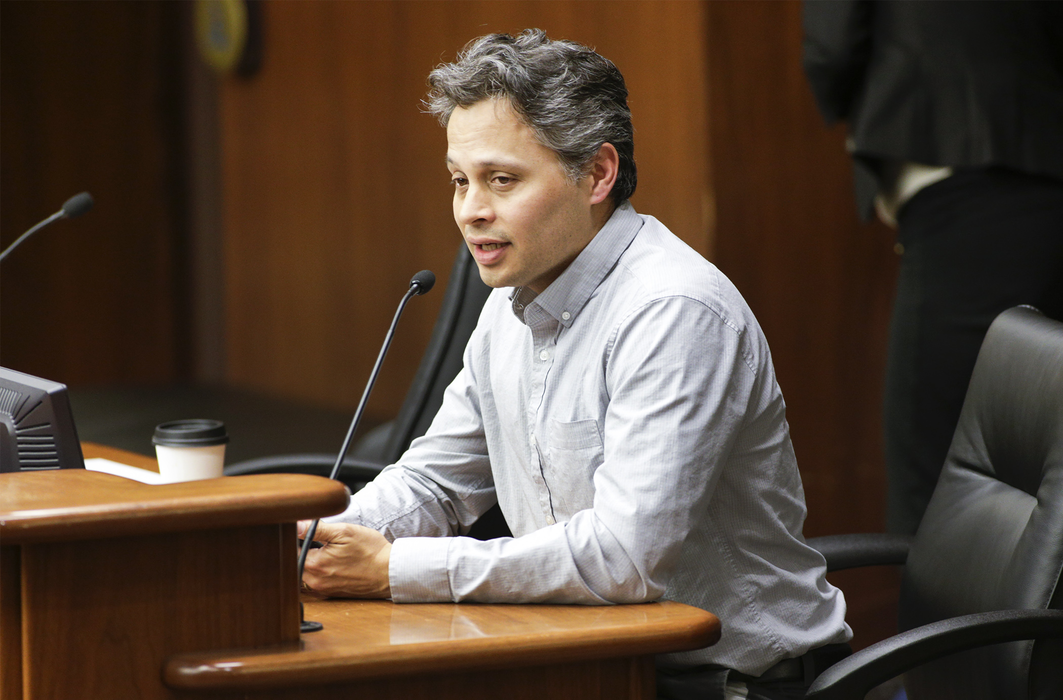 Greg King, with ISAIAH, testifies in the House Education Policy Committee on the topic of disparities based on race and disability status in school discipline during the March 27 meeting. Photo by Paul Battaglia