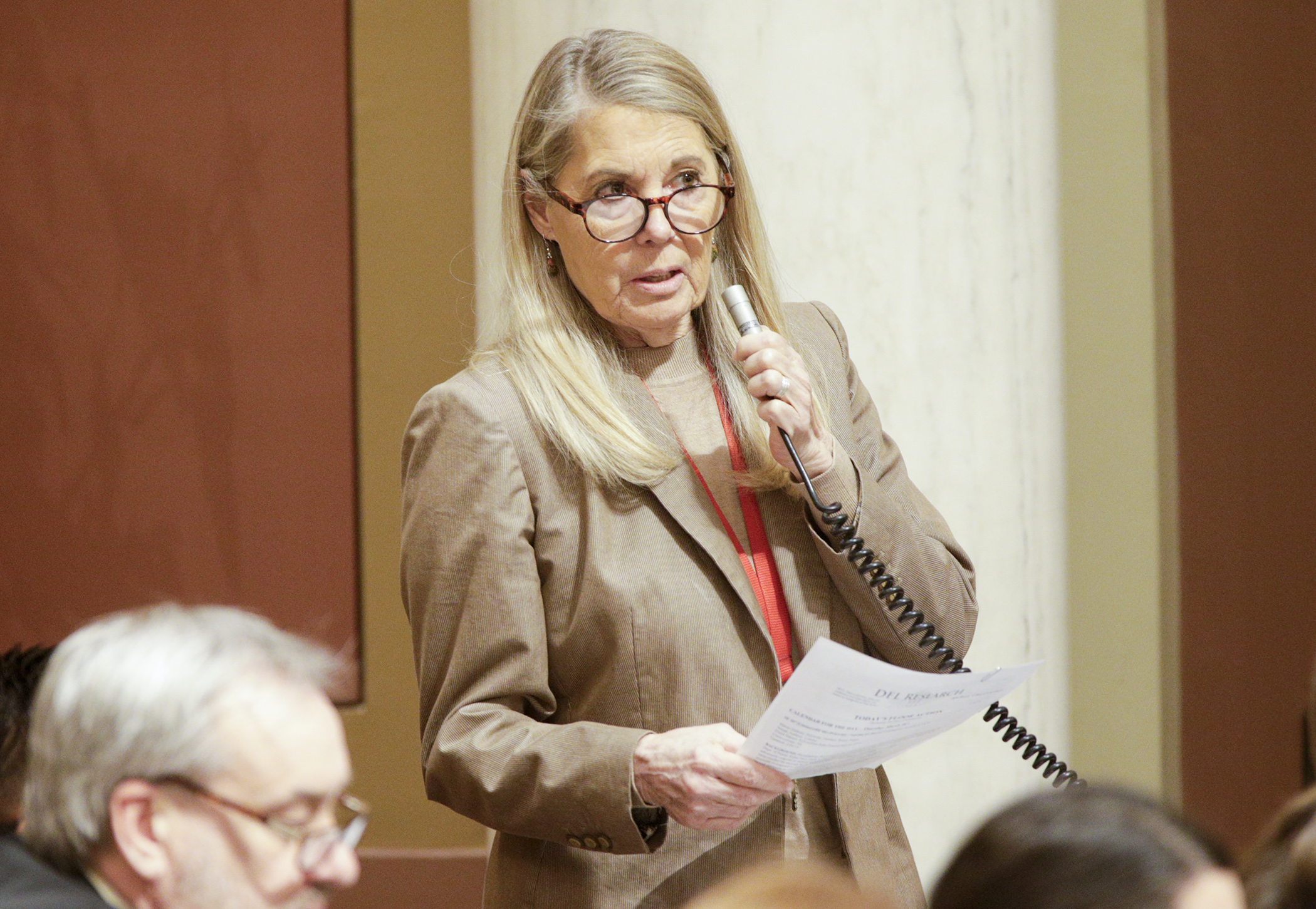 Rep. Shelly Christensen comments during floor debate on her motion to adopt the conference committee report on SF1743, the so-called ”Snow Day Relief Bill.” Photo by Paul Battaglia