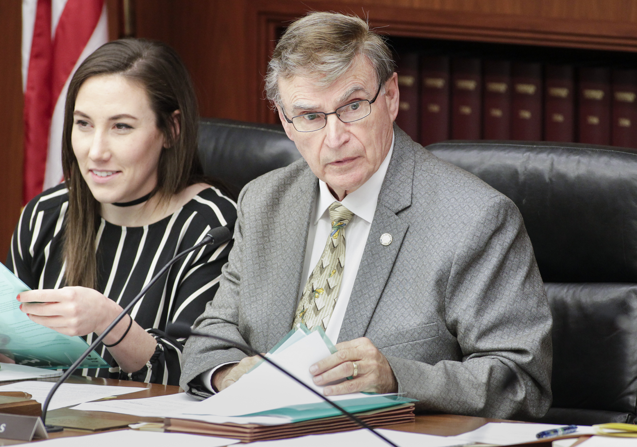 Rep. Bud Nornes, chair of the House higher education committee, listens to a member question during a presentation on his bill HF3415. Photo by Paul Battaglia
