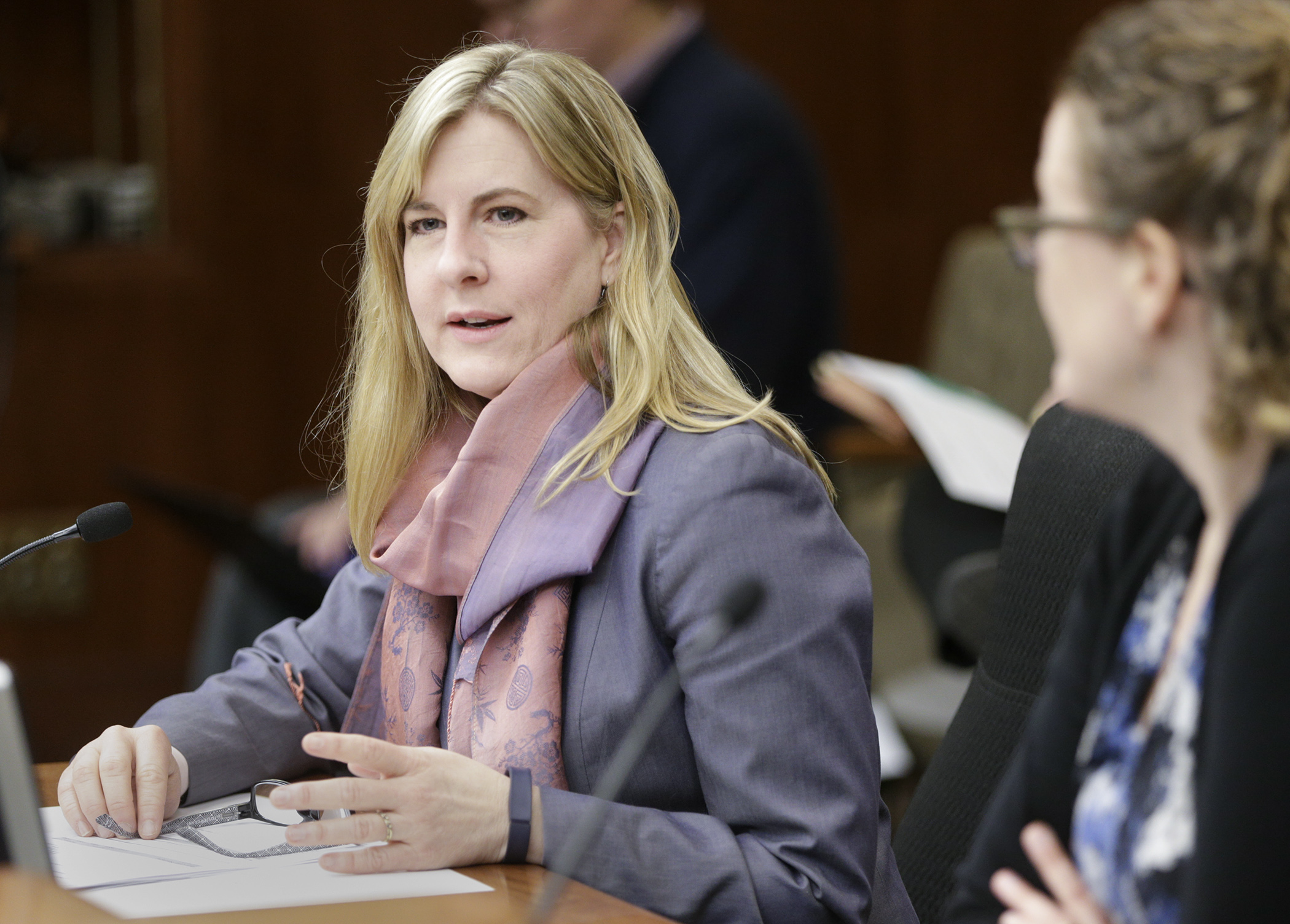 House Minority Leader Melissa Hortman answers a question during March 28 testimony on her bill that would repeal the shield to prosecute certain criminal sexual conduct offenses, often referred to as the marital exception. Photo by Paul Battaglia
