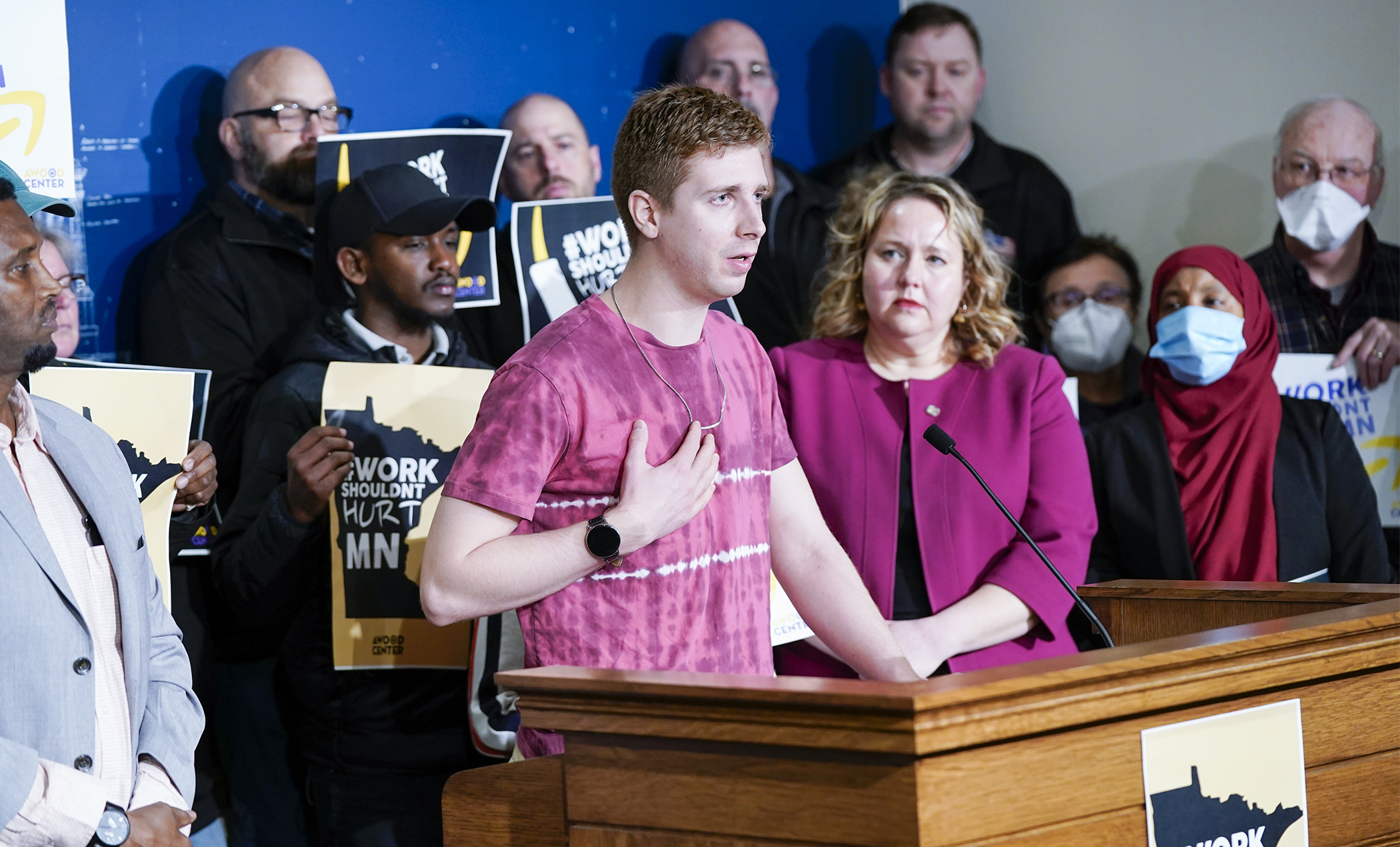 Tyler Hamilton, who has worked at a local Amazon facility for 4 1/2 years, describes the work environment during a March 28 news conference ahead of House debate on HF2774. (Photo by Paul Battaglia)