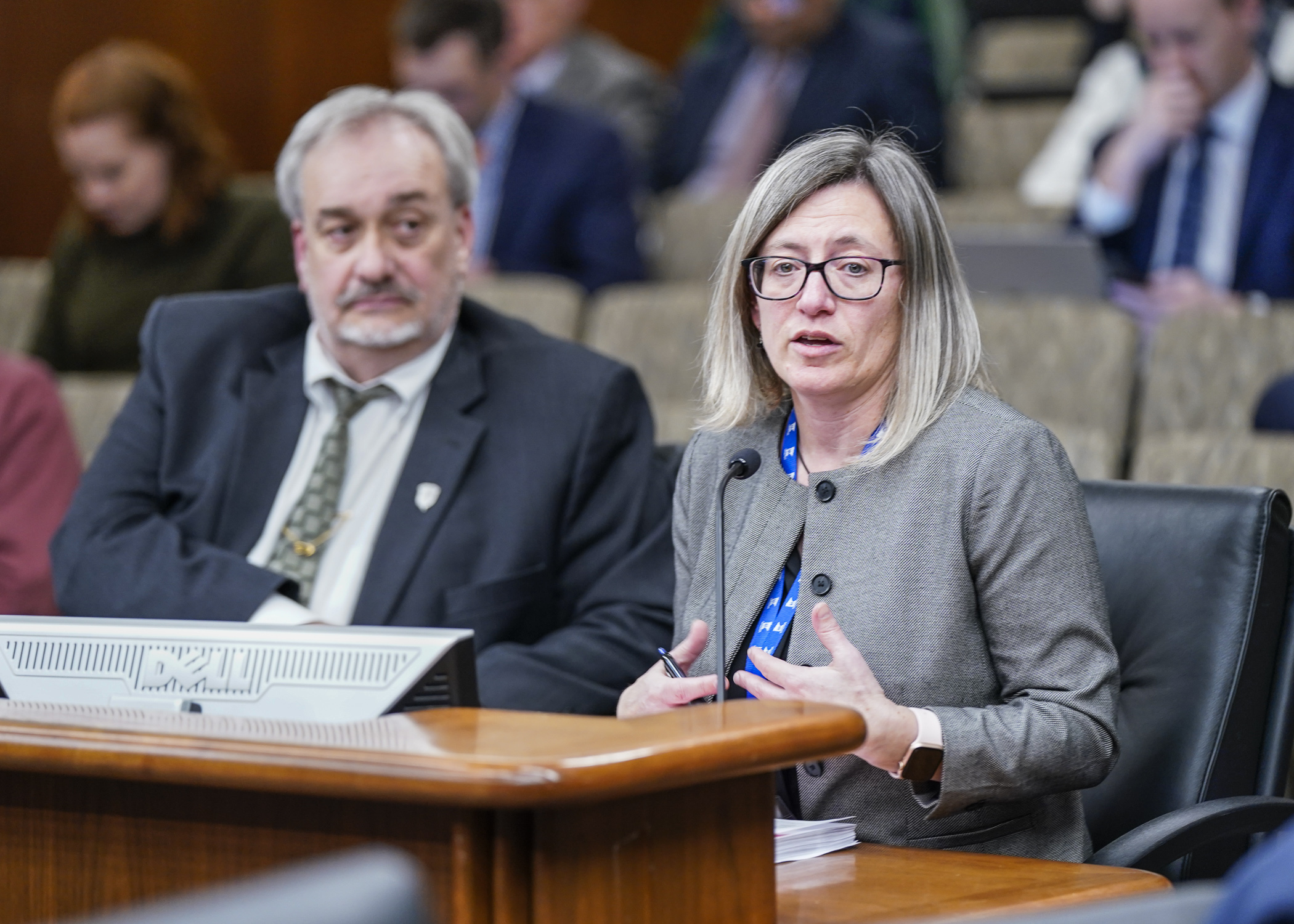 DNR Commissioner Sarah Strommen testifies before the House Environment and Natural Resources Finance and Policy Committee March 28 in favor of HF2310, the committee’s omnibus budget bill. (Photo by Catherine Davis)