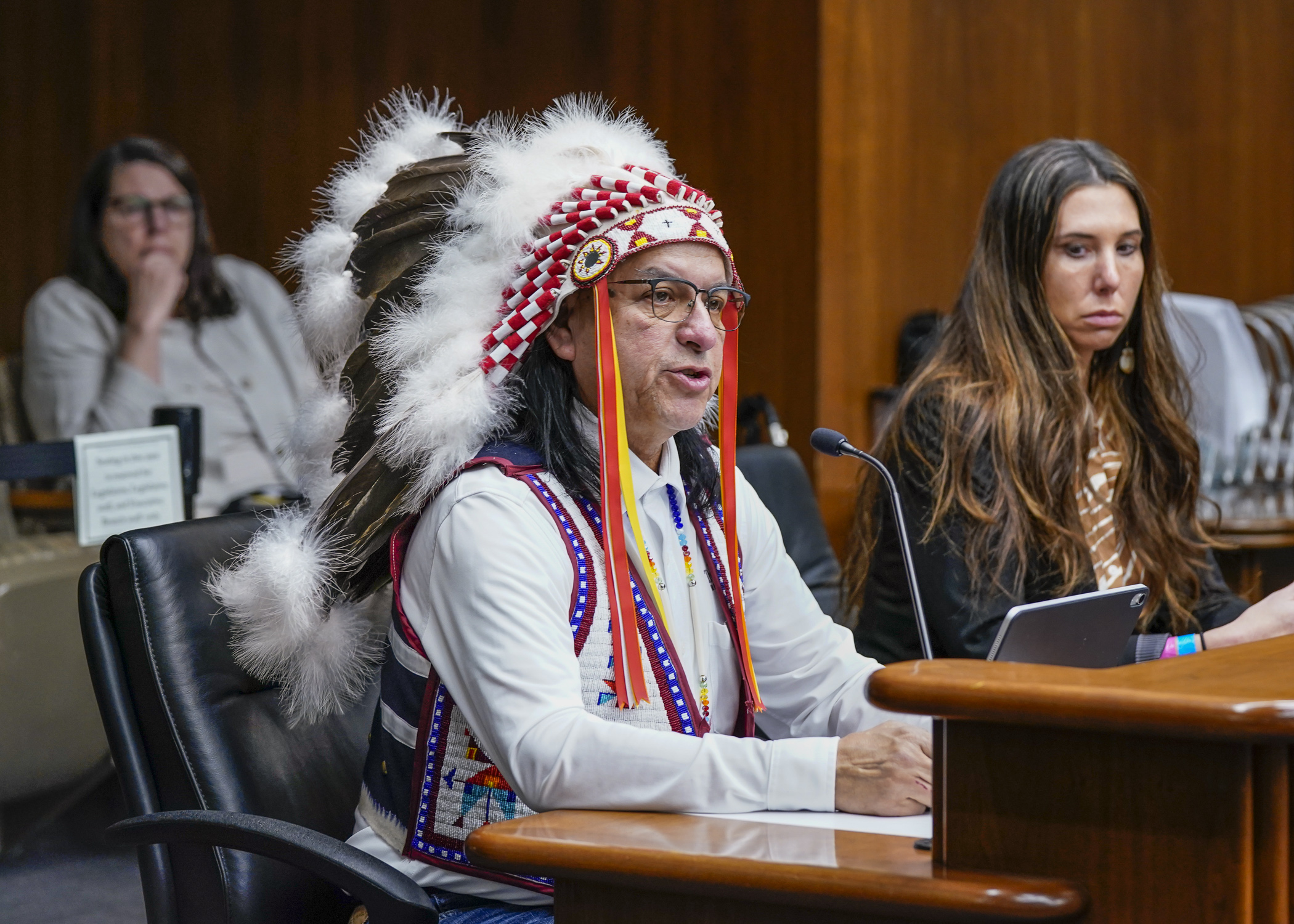 Johnny Johnson, president of the Prairie Island Indian Community, tells the House climate and energy panel on Tuesday how potential relicensing at the Prairie Island Nuclear Generating Plant would impact his community. (Photo by Catherine Davis)