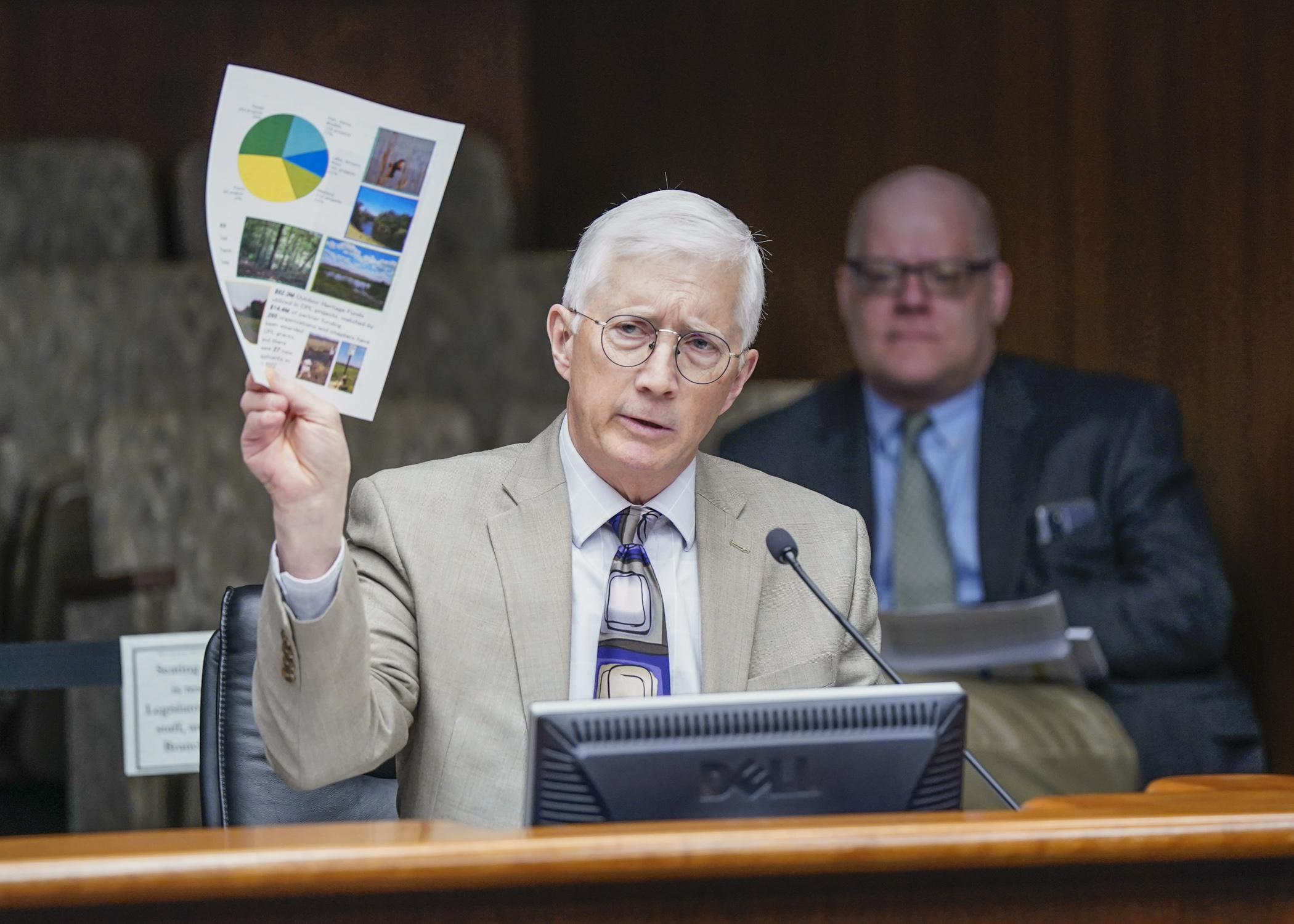 Mark Johnson, executive director of Lessard-Sams Outdoor Heritage Council, uses a visual aid March 29 to help answer a question about the House Legacy Finance Committee’s omnibus bill. (Photo by Catherine Davis)