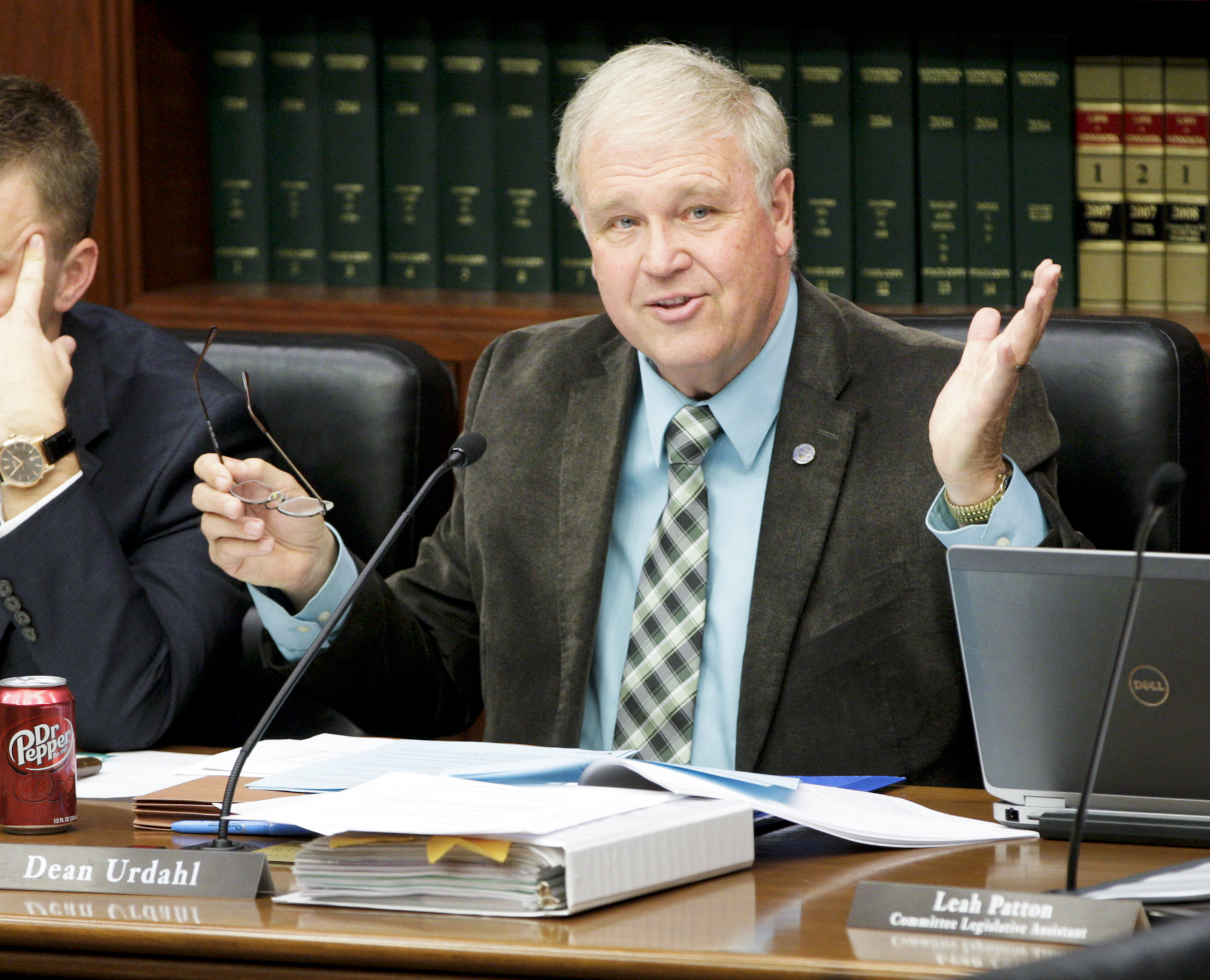 Rep. Dean Urdahl give a brief overview of the House omnibus legacy bill during an April 20 committee hearing. Photo by Paul Battaglia