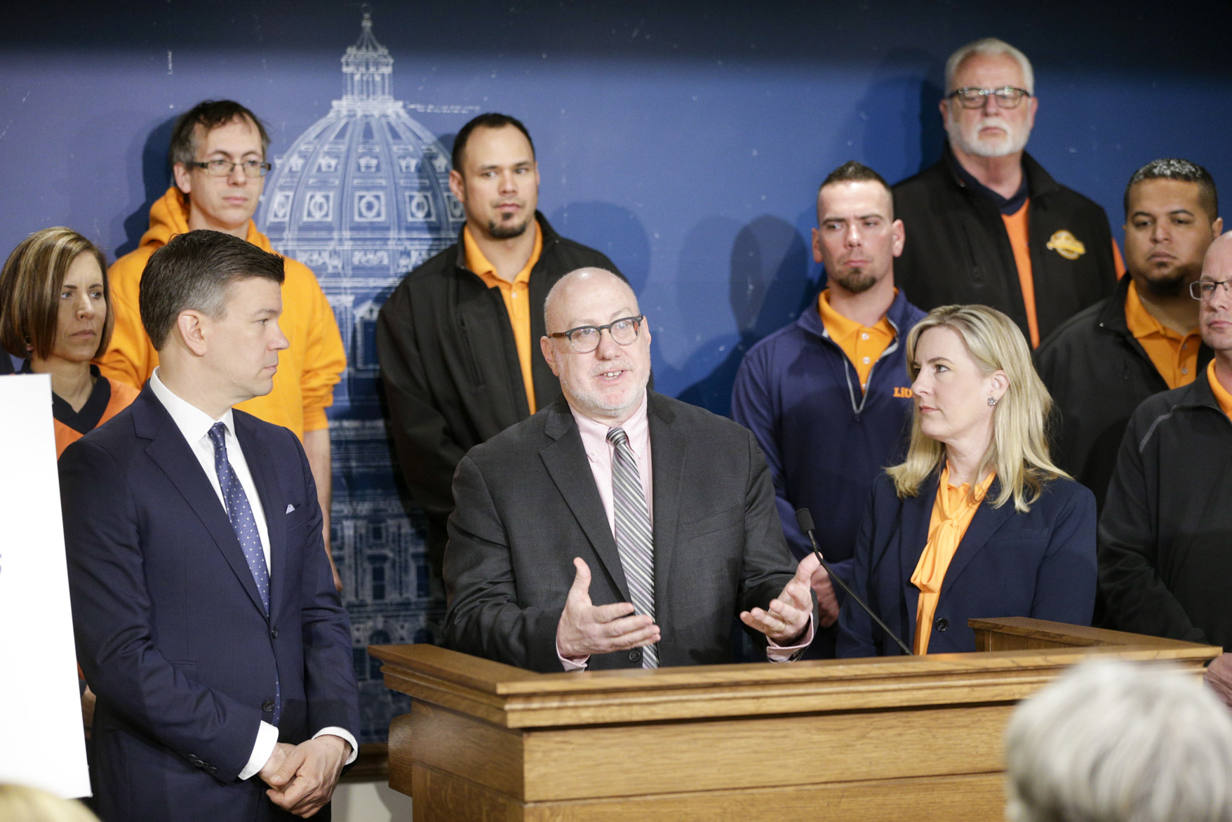Rep. Frank Hornstein, the chair of the House transportation division, fields a question on the House DFL's proposed transportation budget during a Tuesday news conference. Photo by Paul Battaglia