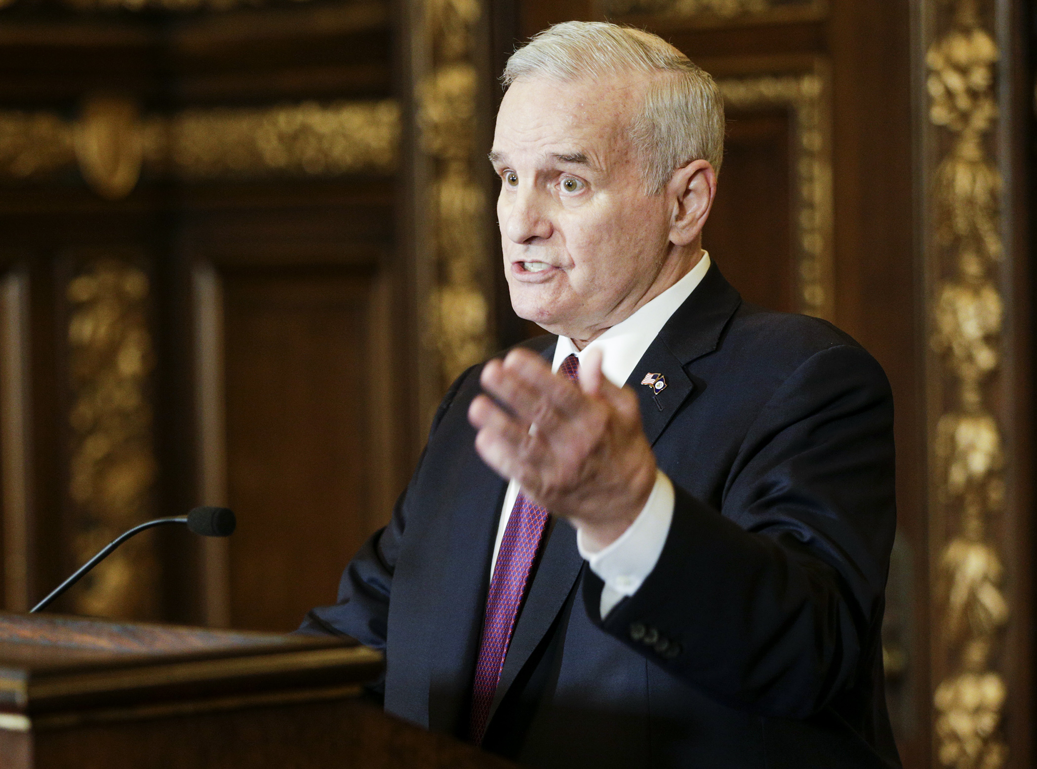 Gov. Mark Dayton answers a question at an April 3 press conference about his thoughts on letting the reinsurance bill become law without his signature. Photo by Paul Battaglia
