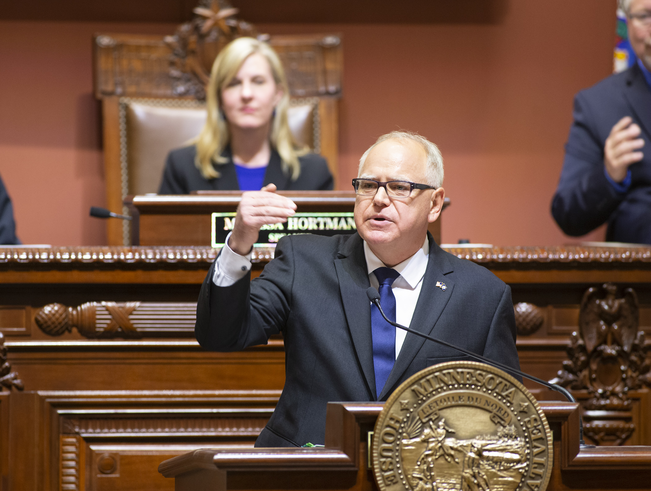 Gov. Tim Walz tells stories of Minnesotans from across the state as he delivers his first State of the State address to a joint convention of the Legislature April 3. Photo by Paul Battaglia