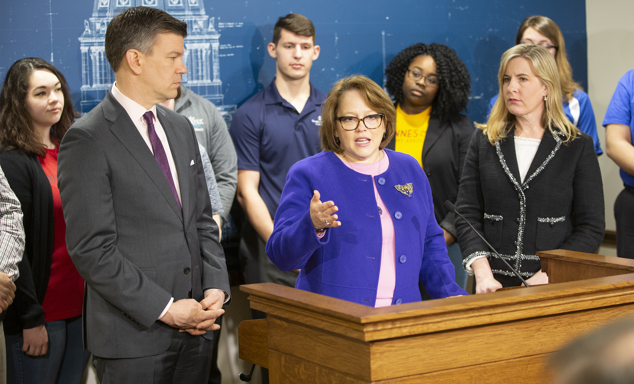 Rep. Connie Bernardy, chair of the House Higher Education Finance and Policy Division, answers a question at an April 4 press conference outlining the House DFL’s omnibus higher education finance proposal. Photo by Paul Battaglia