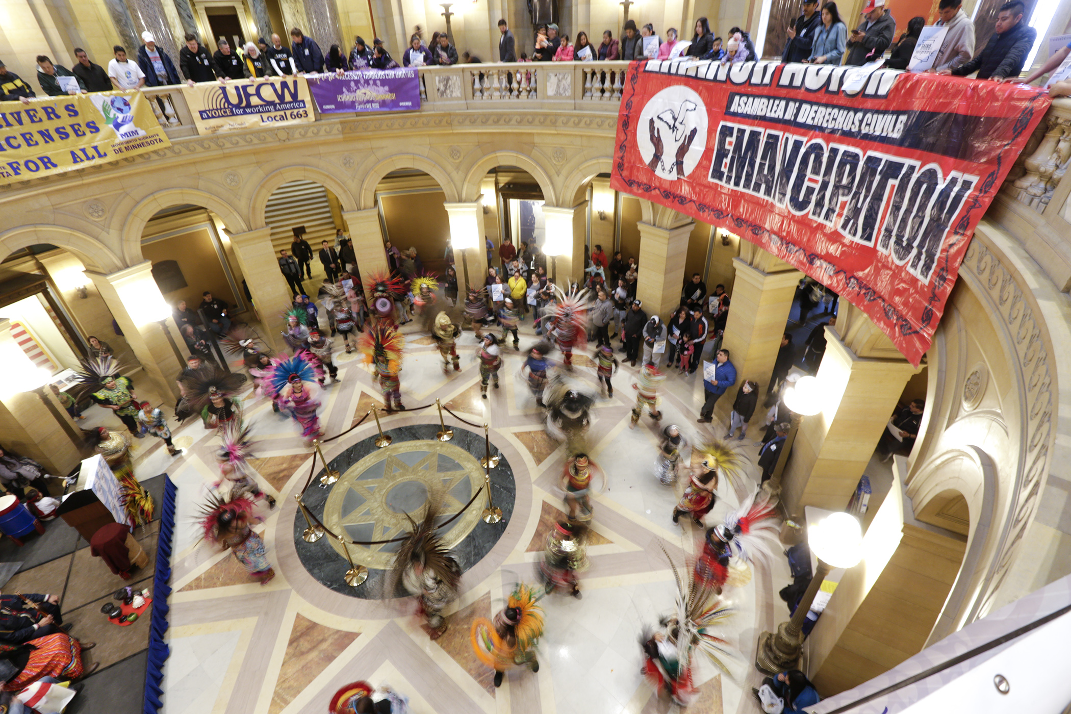 Indigenous dancers perform during a Capitol Rotunda rally as the House takes up HF1500 April 5. Photo by Paul Battaglia