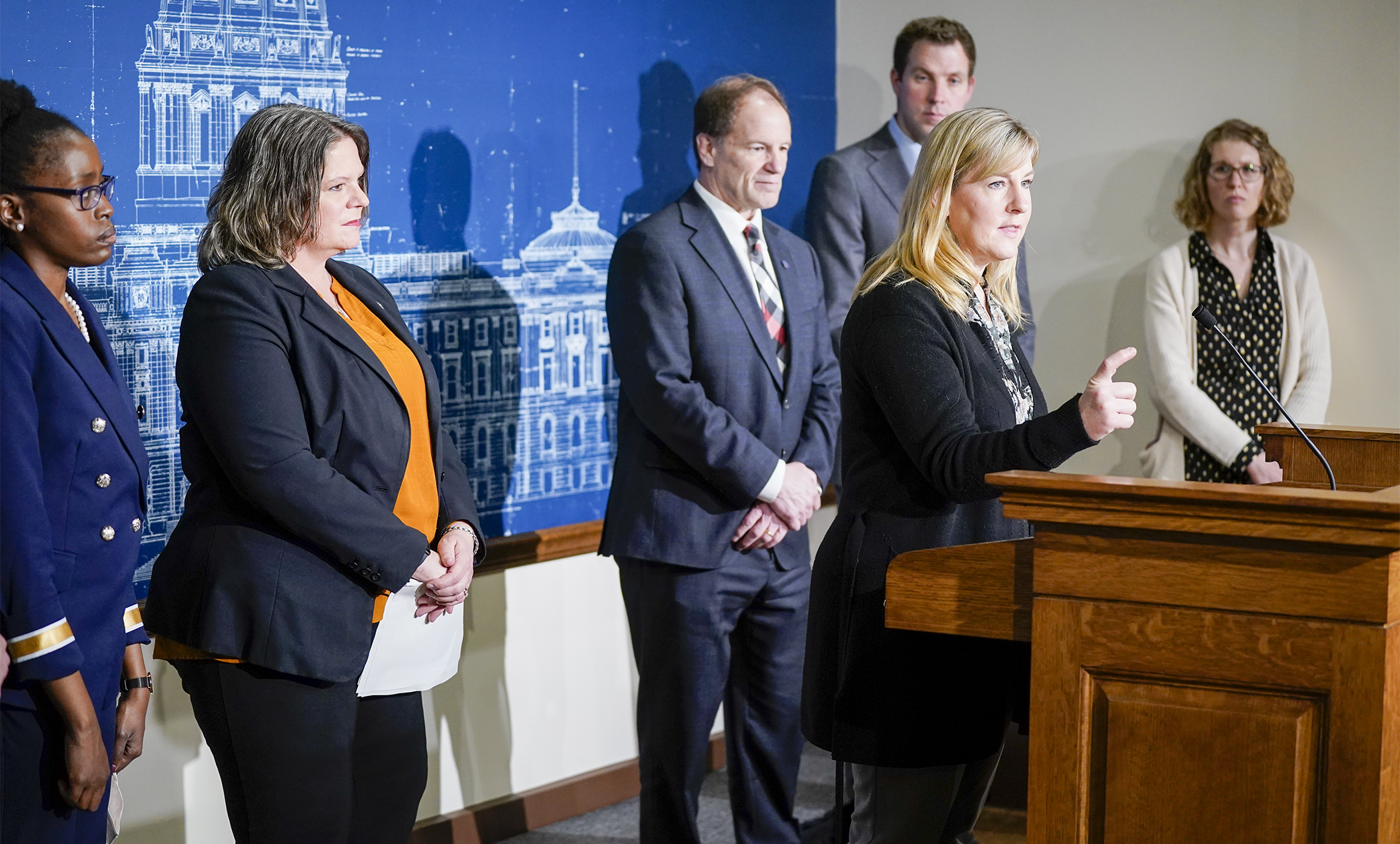 House Speaker Melissa Hortman fields a question during an April 5 news conference where House DFL leaders announced a plan to reduce the costs of child care, housing and prescription drugs for Minnesotans. (Photo by Paul Battaglia)