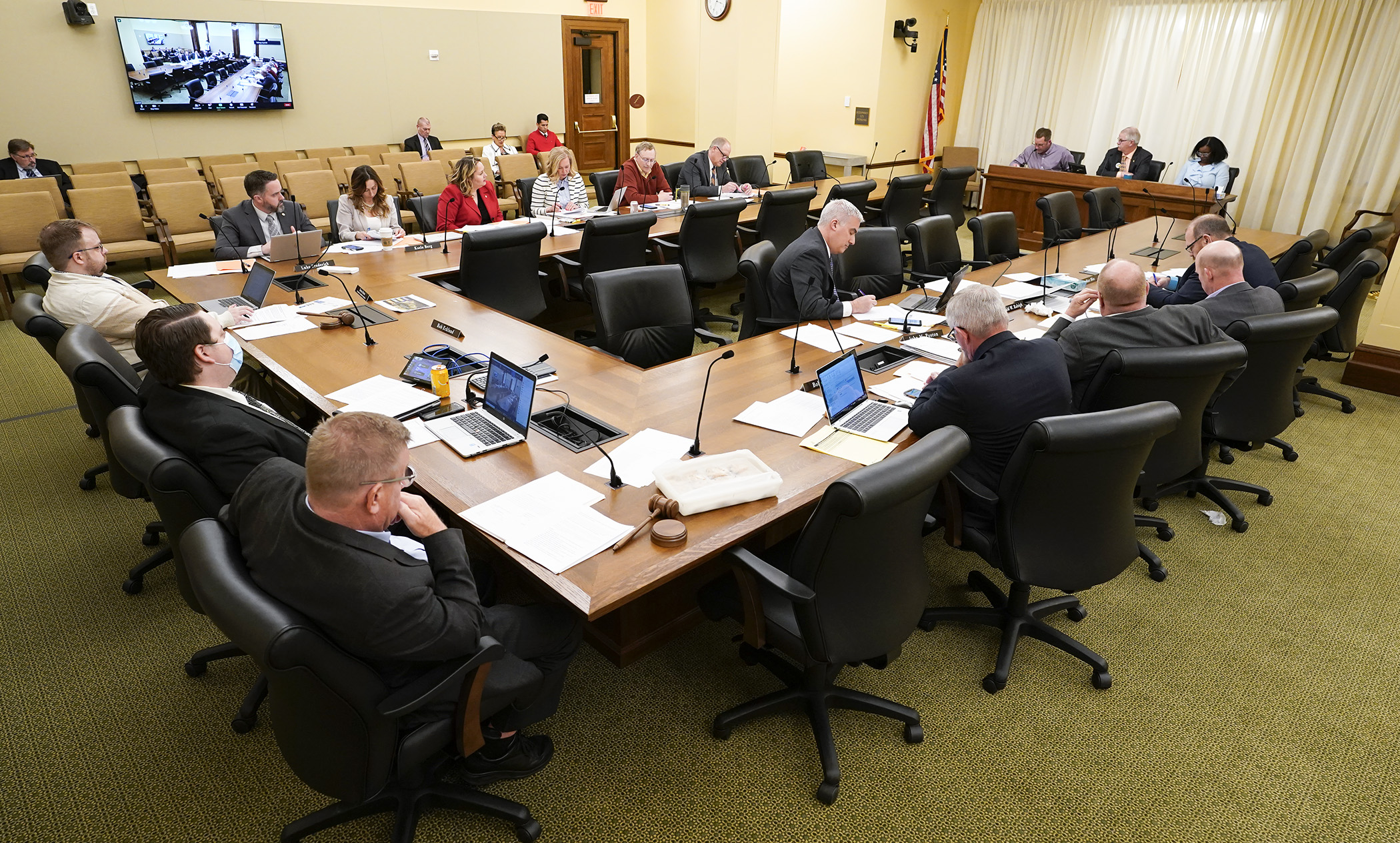 Members of the House Labor, Industry, Veterans and Military Affairs Finance and Policy Committee listen April 5 to testimony on HF4177, the committee omnibus bill. (Photo by Paul Battaglia)