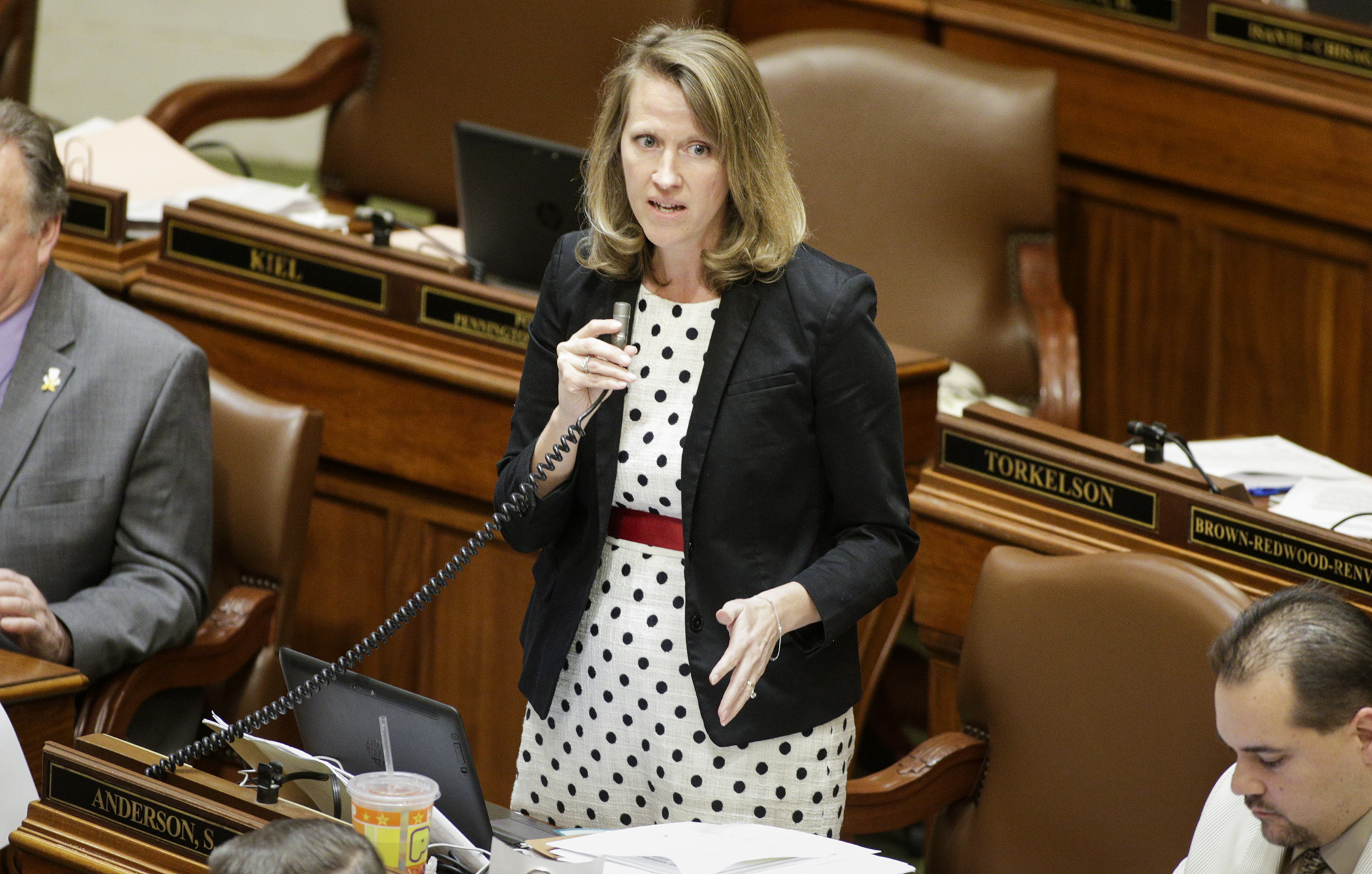 Rep. Sarah Anderson, chair of the House State Government Finance Committee, describes provisions of the omnibus state government finance bill during House Floor debate April 6. Photo by Paul Battaglia