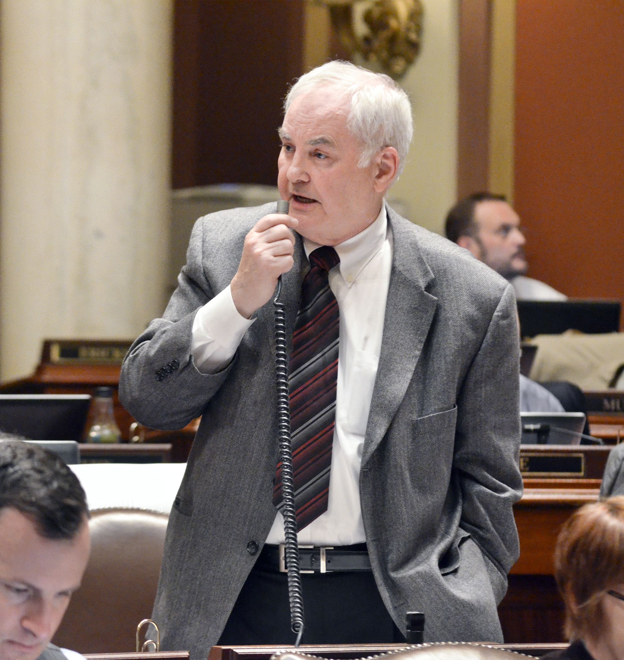 Rep. Lyndon Carlson Sr. presents HF3014, a bill that would create the Public Employment Relations Board, on the House floor April 7. Photo by Andrew VonBank