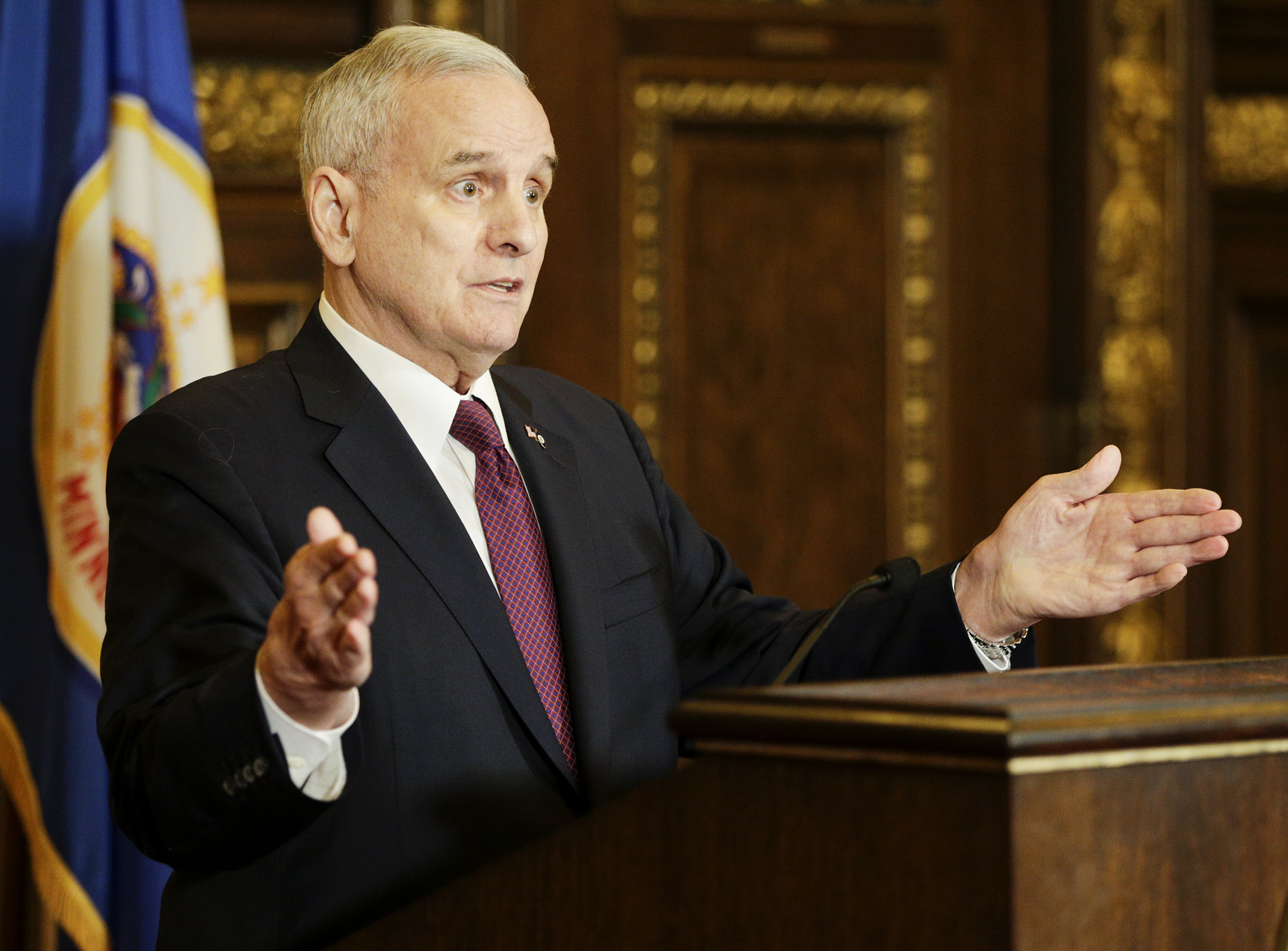 Gov. Mark Dayton comments at an April 7 press conference that he will be watching as the House and Senate begin their conference committee process after the Passover/Easter break. Photo by Paul Battaglia