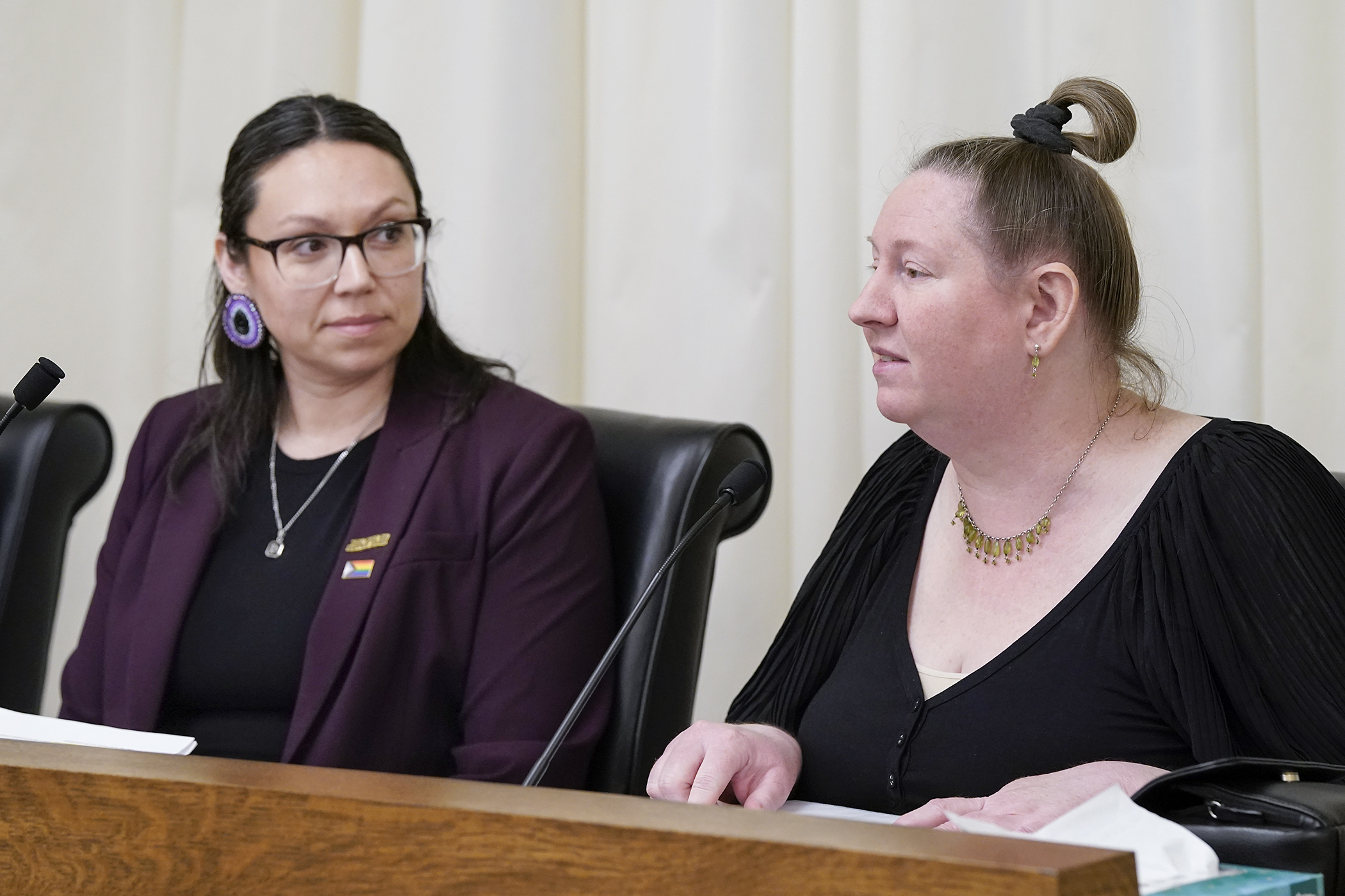 Tamara Wolter testifies in support of HF1534 before the House Health Finance and Policy Committee April 7. Sponsored by Rep. Heather Keeler, left, the bill would, in part, establish a Fresh Bucks pilot program at the Department of Health. (Photo by Michele Jokinen) 