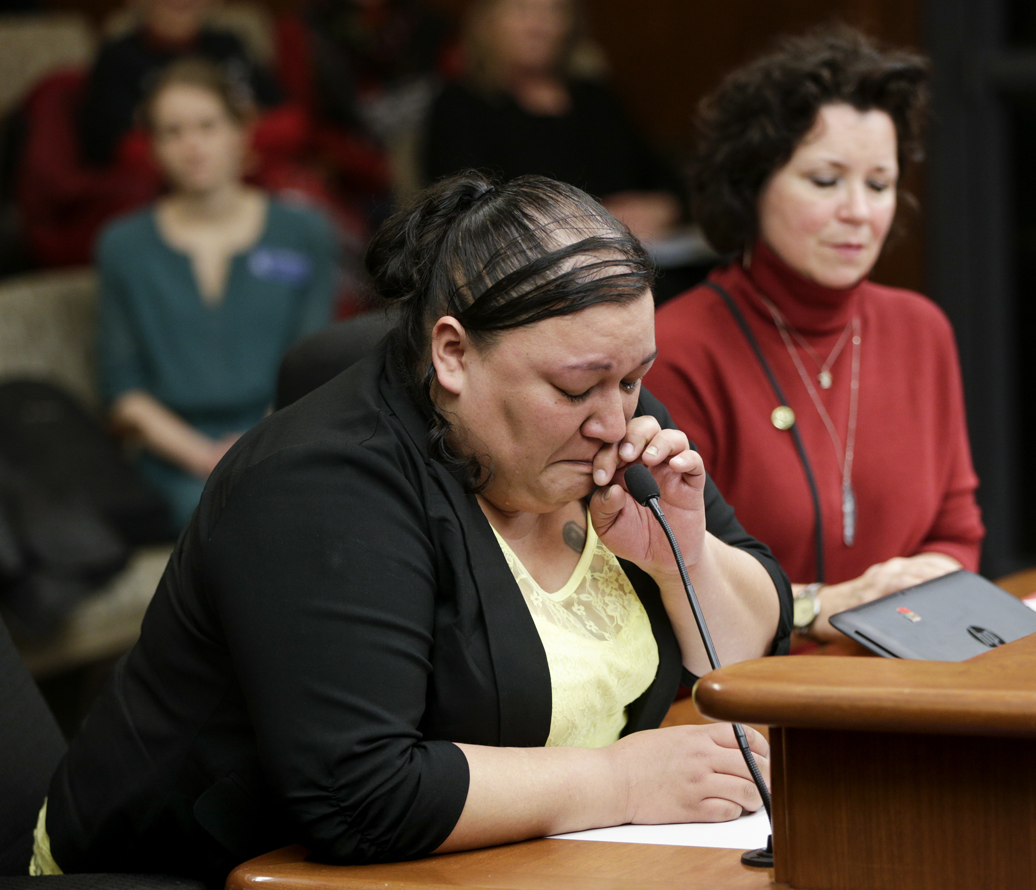 Misti Babineau testifies during the hearing on HF3375, sponsored by Rep. Mary Kunesh-Podein, right, during a House public safety committee hearing April 11. The bill would set up a task force on missing and murdered indigenous women. Photo by Paul Battaglia