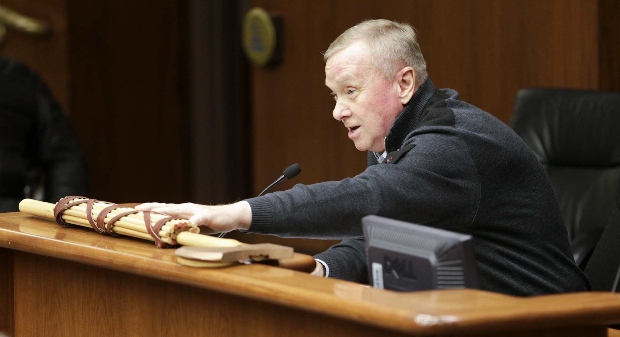 Rep. Gene Pelowski (DFL-Winona) testifies in support of his bill that would require Minnesota State to submit a plan to the Legislature for transferring control of the technical colleges back to school districts. Photo by Paul Battaglia 