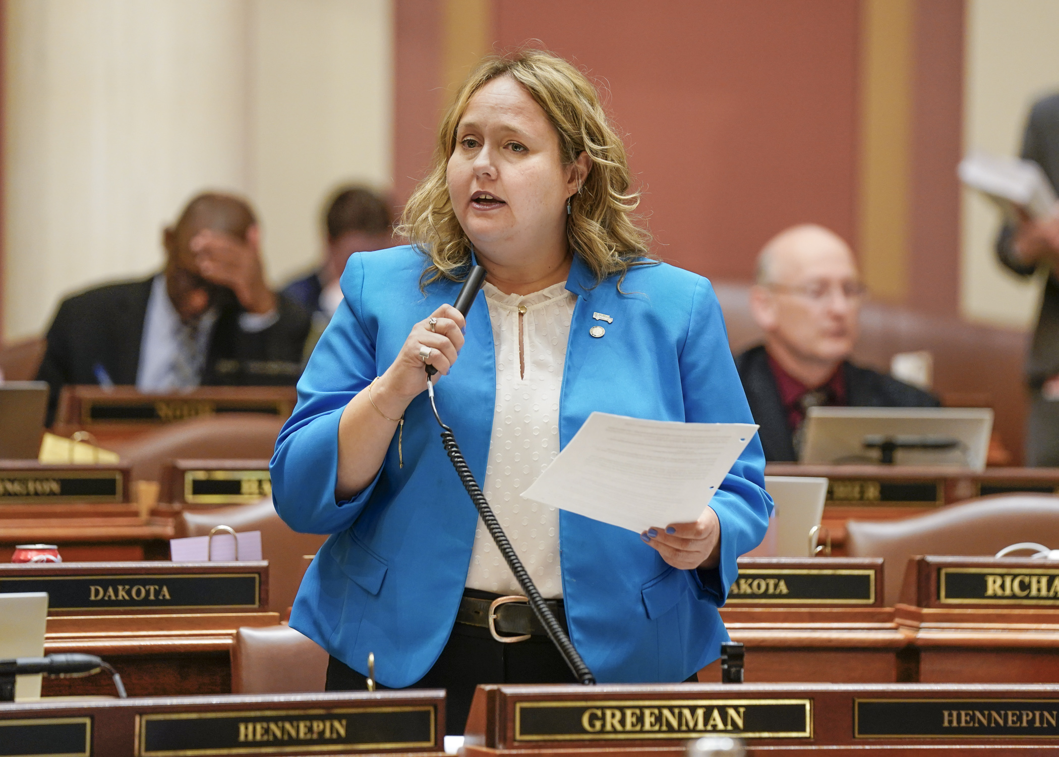 Rep. Emma Greenman introduces HF3 on the House Floor April 13. (Photo by Catherine Davis)