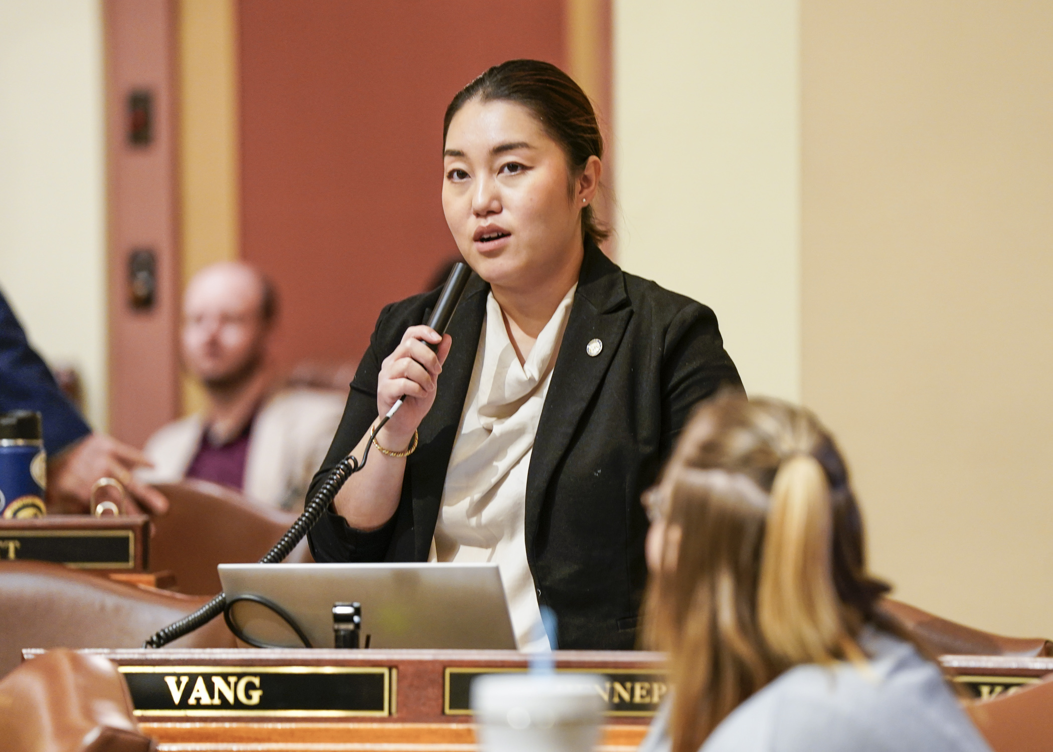 Rep. Samantha Vang speaks to HF463, appropriating money for the Rural Finance Authority, on the House Floor April 13. Photo by Catherine Davis