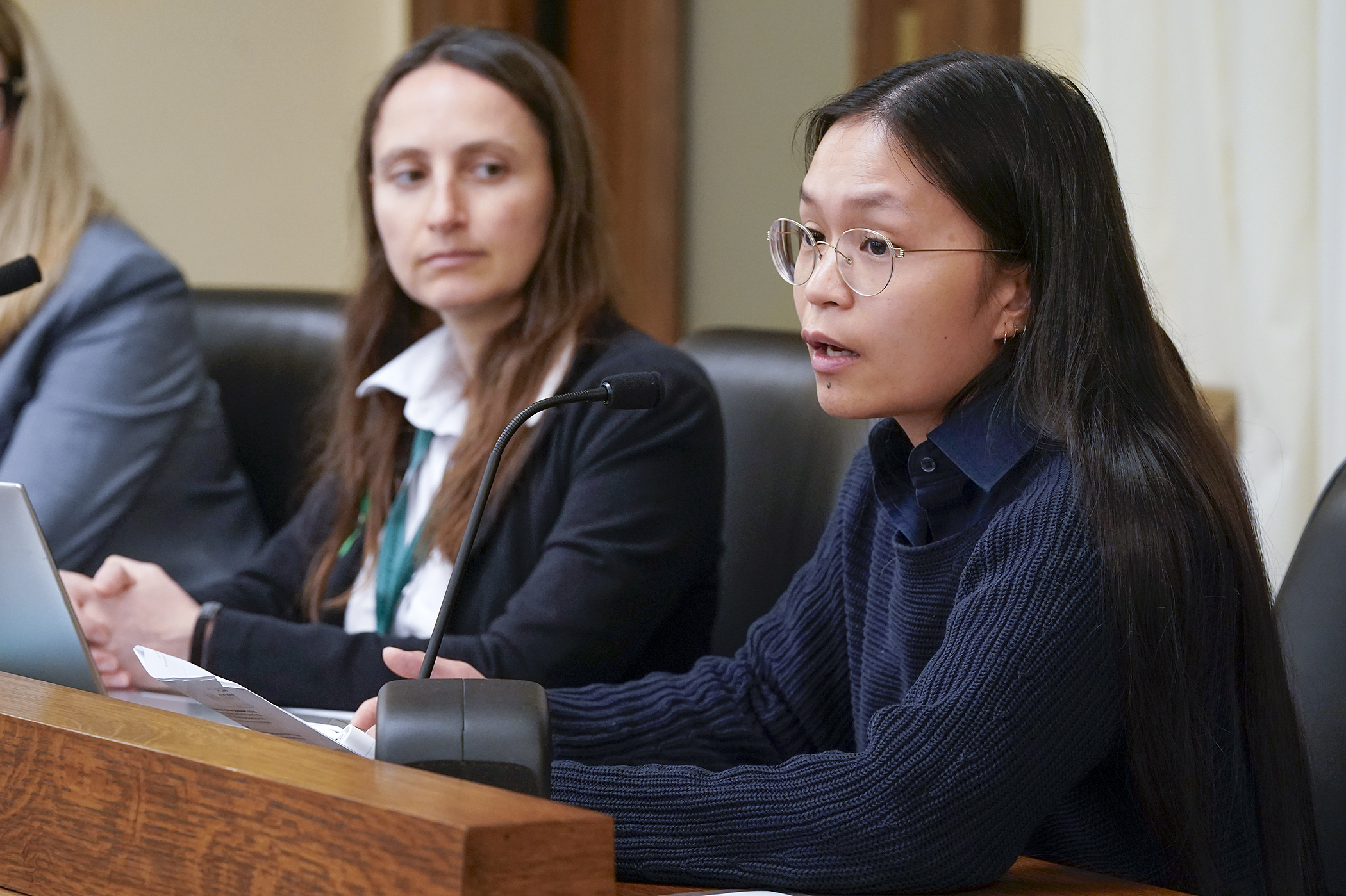 MJ Carpio, executive director of Move Minnesota, testifies Monday before the House Transportation Finance and Policy Committee in support of HF4449. The bill that would modify requirements related to transit and land use in the Twin Cities metropolitan area is sponsored by Rep. Katie Jones. (Photo by Michele Jokinen)