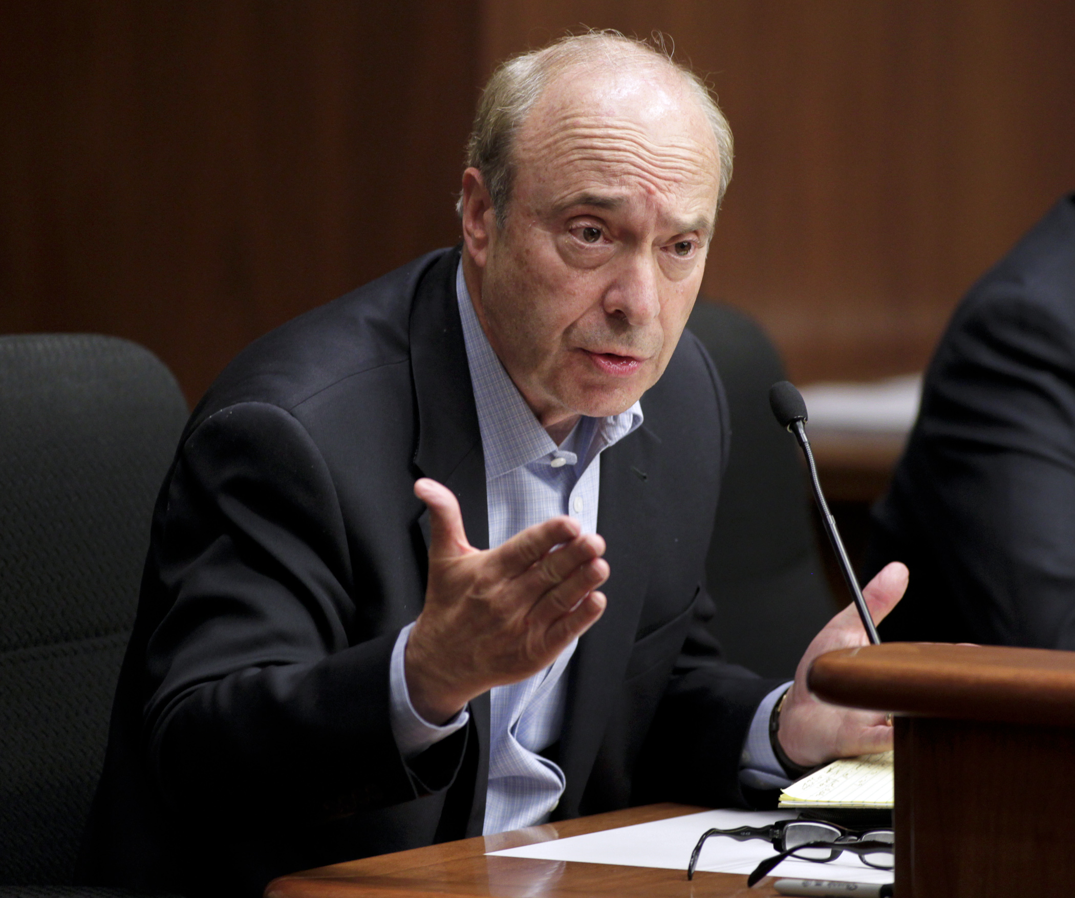 Art Rolnick, from the Humphrey School of Public Affairs at the University of Minnesota, answers a member question after testifying during the House Education Finance Committee meeting April 15. Photo by Paul Battaglia
