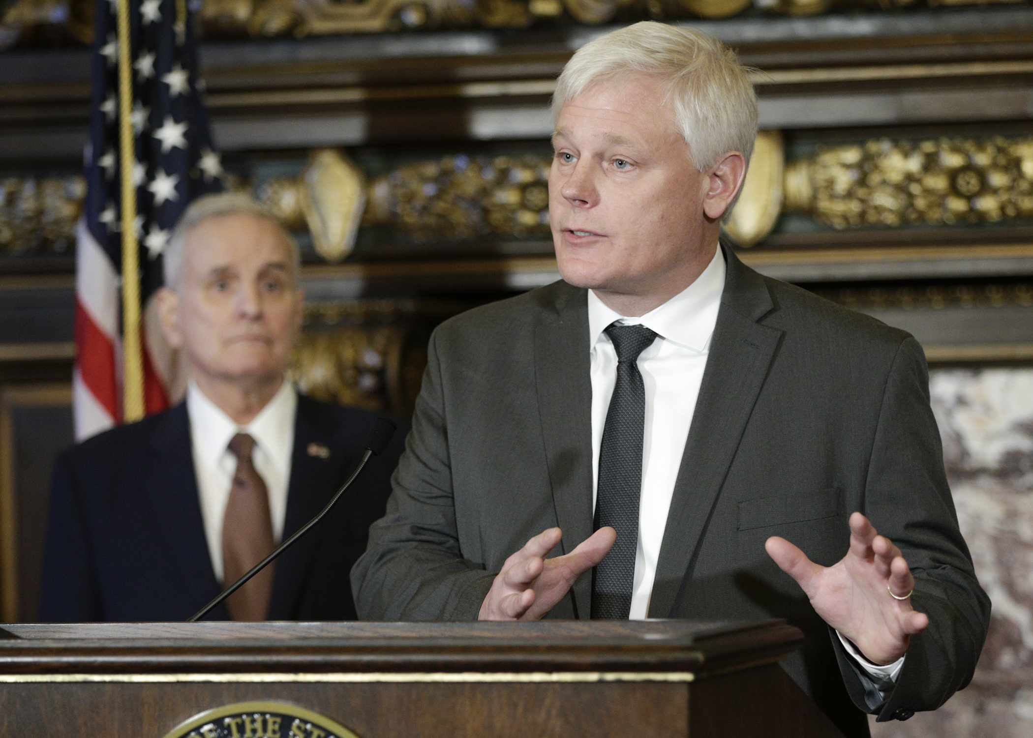 Rep. Paul Thissen answers a question regarding his appointment by Gov. Mark Dayton, left, to the Minnesota Supreme Court. Thissen replaces Justice David Stras who was appointed to the Eighth Circuit Court of Appeals. Photo by Paul Battaglia
