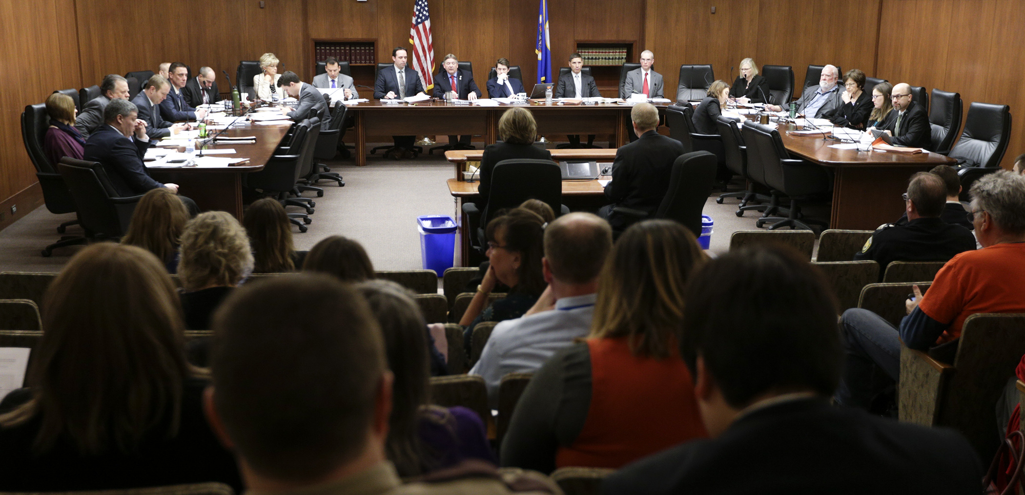 Public Safety Commissioner Mona Dohman and BCA Superintendent Drew Evans discuss the proposed omnibus public safety and security finance bill Tuesday with the House public safety committee. Photo by Paul Battaglia