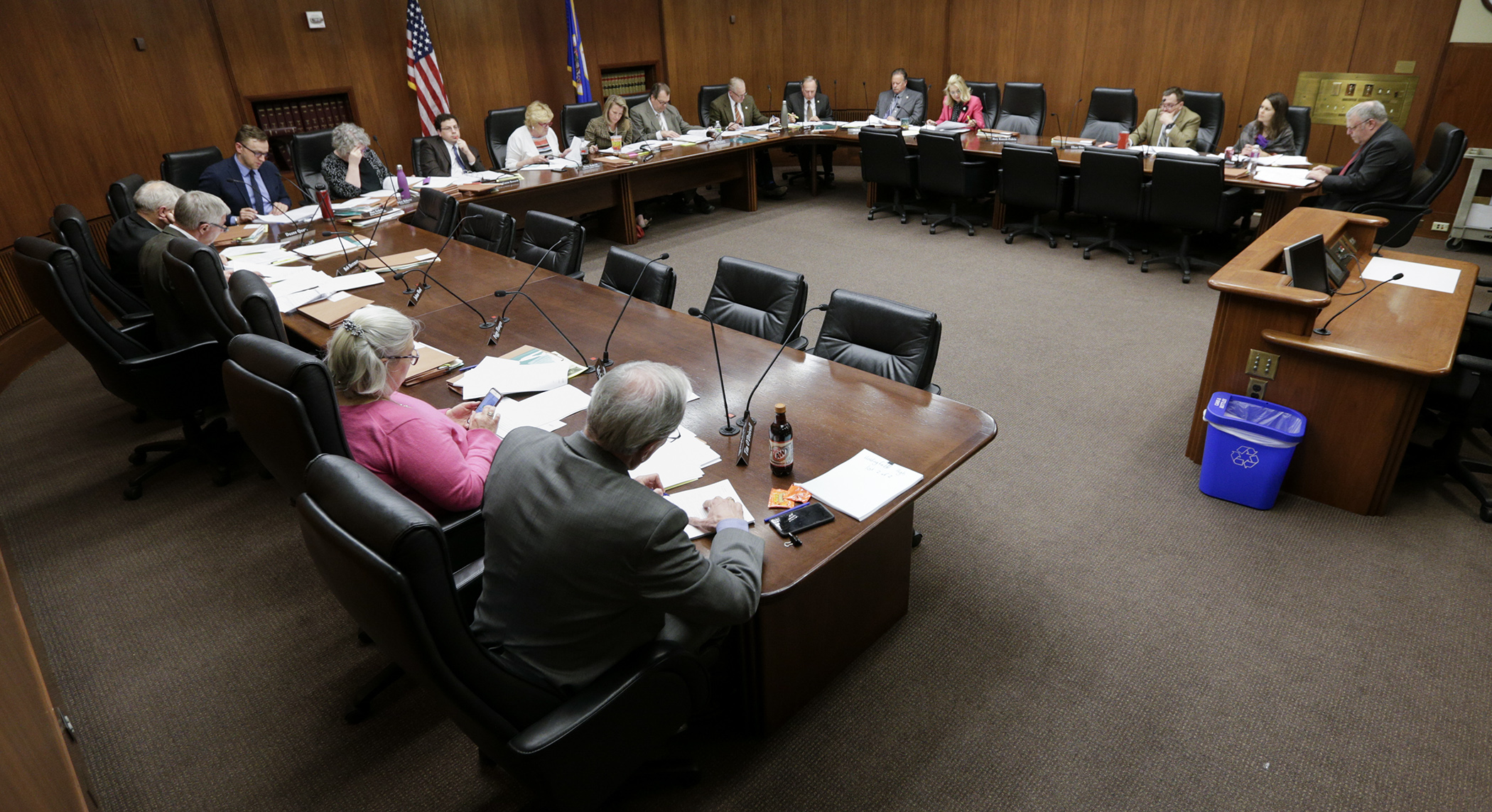 Members of the House State Government Finance Committee listen Tuesday as staff reviews the delete-all amendment to HF3891, the omnibus state government finance bill. Photo by Paul Battaglia