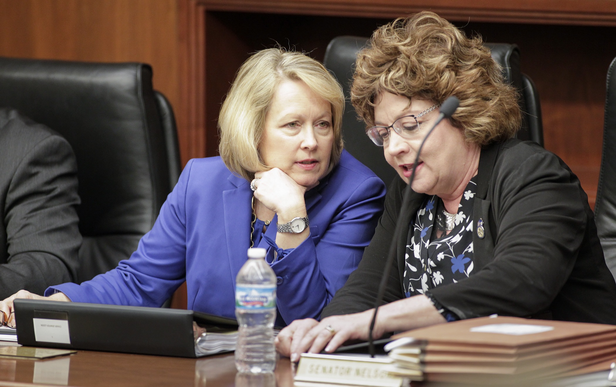 Rep. Jenifer Loon, chair of the House Education Finance Committee, left, and Sen. Carla Nelson, chair of the Senate E-12 Finance Committee, confer before the start of the first meeting of the conference committee on HF890, the omnibus education finance bill April 19. Photo by Paul Battaglia