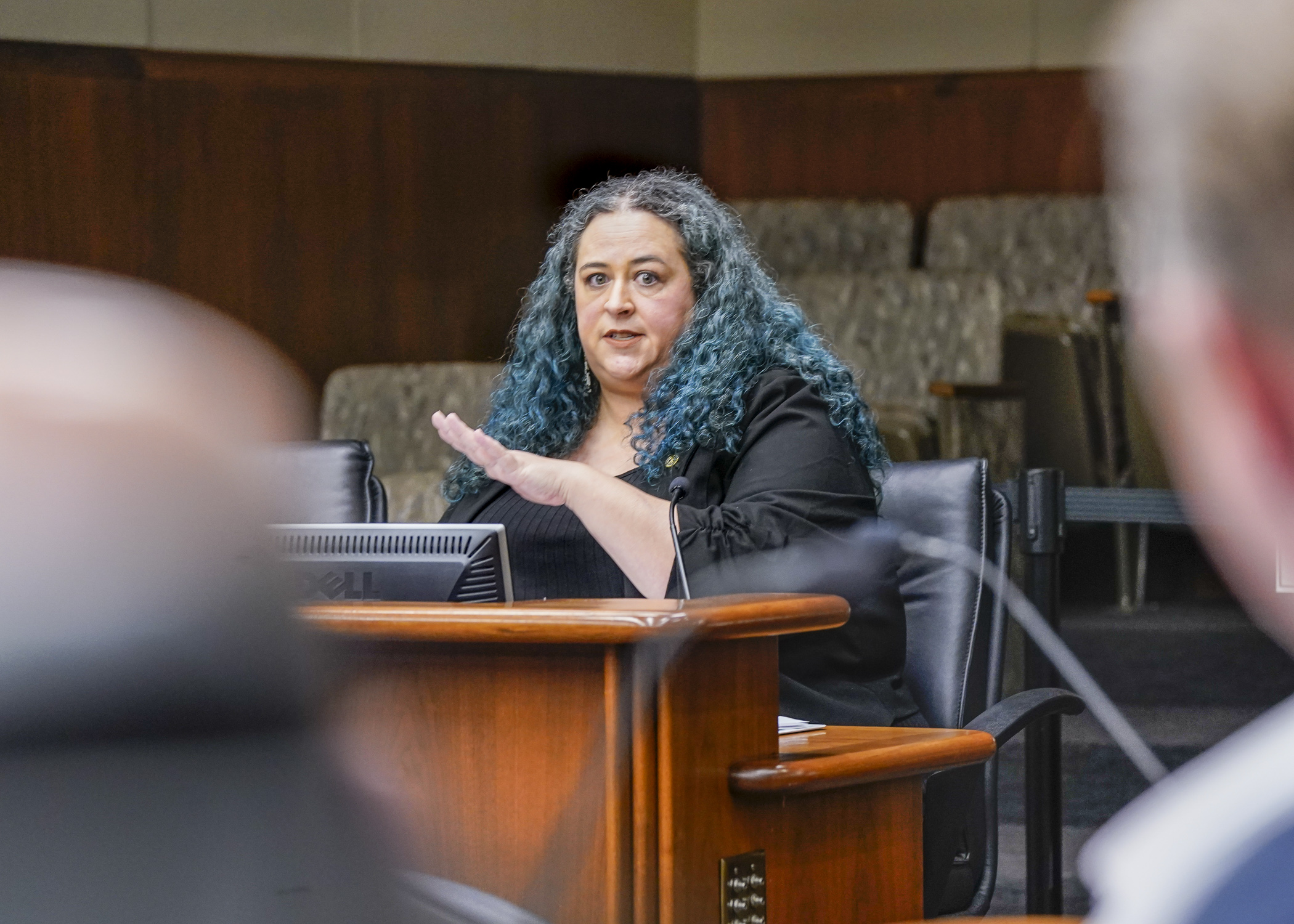Rep. Aisha Gomez responds to a question about HF1938, the omnibus tax bill. It was approved Wednesday by the House Taxes Committee, which Gomez chairs. (Photo by Catherine Davis)