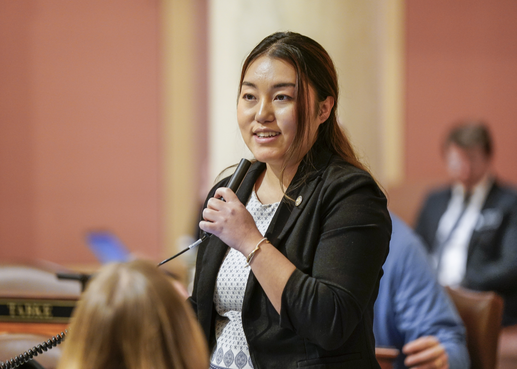 Rep. Samantha Vang (DFL-Brooklyn Center) introduces HF2278/SF1955* on the House Floor April 20 prior to its passage. (House Photography file photo)