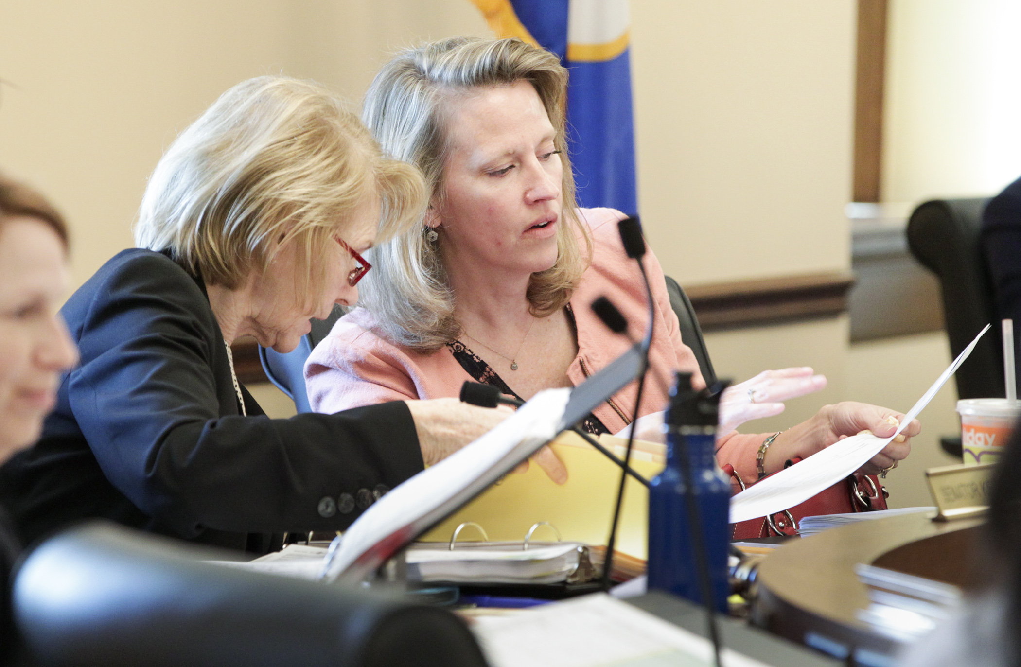Sen. Mary Kiffmeyer, chair of the Senate State Government Finance and Policy and Elections Committee, left, and Rep. Sarah Anderson, chair of the House State Government Finance Committee, confer during the first meeting of the omnibus state government finance conference committee April 21. Photo by Paul Battaglia